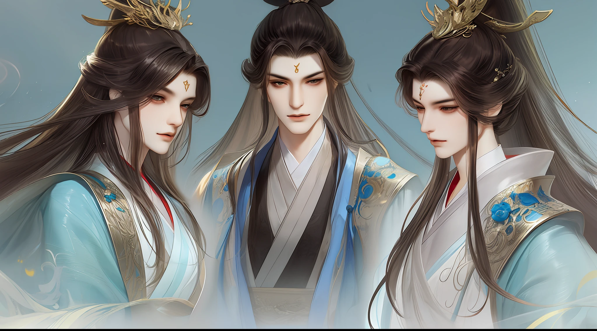 best qualtiy，tmasterpiece，highly detailed wallpaper，2 people（1 particularly beautiful woman and 1 handsome man）、pretty eyes，Character standing drawing，malefocus，brunette color hair，long whitr hair，Kingly temperament，详细的脸，gorgeous hair accessory，looking at viewert，Hanfu，超高分辨率，sketching，ink wash style