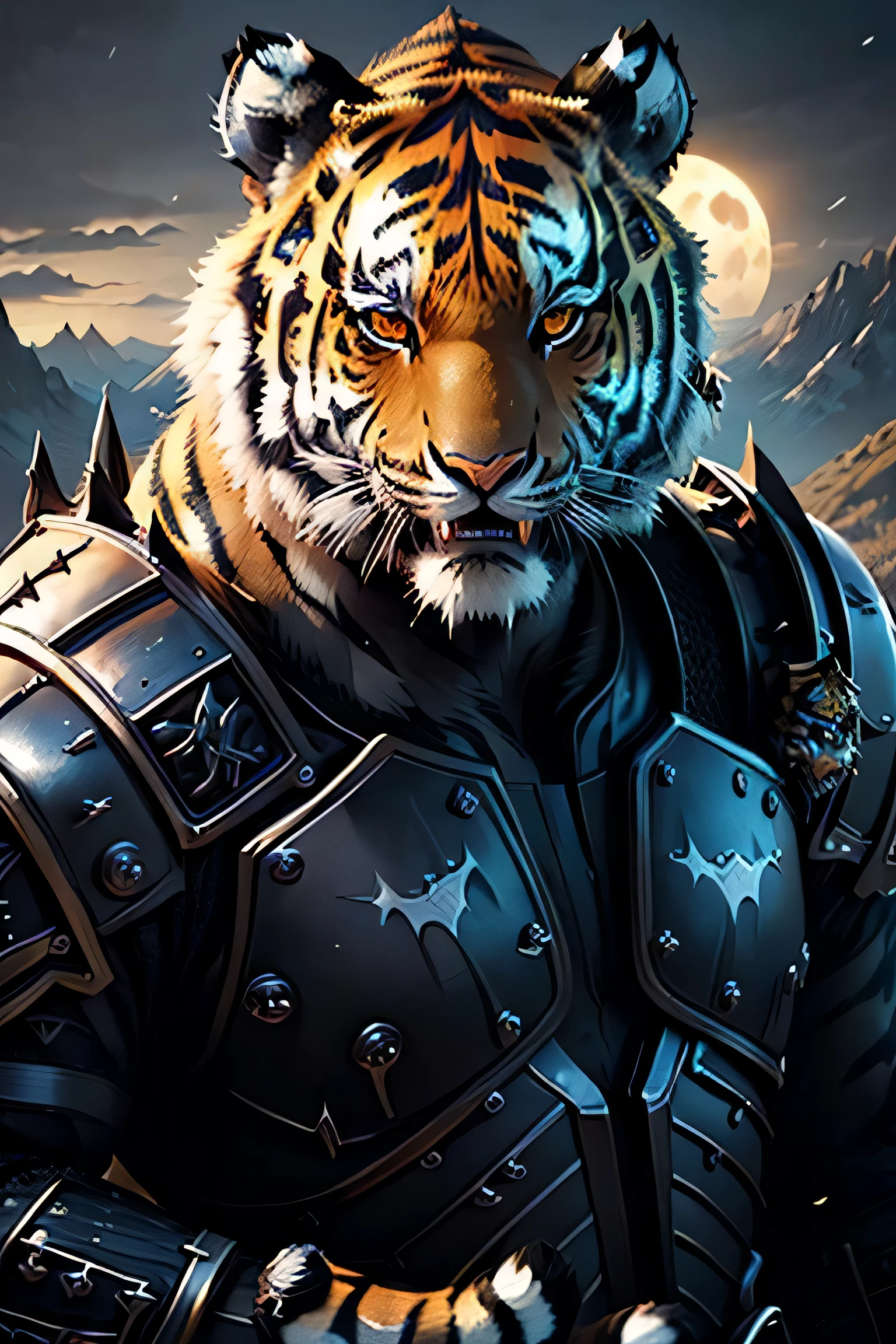 best quality ,masterpiece, illustration, an extremely delicate and beautiful, sharp focus, absurdres, realistic proportions, ((((realistic, hyperrealistic:1. 4)))), 16k hdr ,CG ,unity , ((((((((1tiger)))), full character)))),(((((armor), knight, rogue, paladin, mid body , ((((wearing black warrior suit)))), berserker, ranger, valkyrie, armor, dark, shadow, ((valley, landscape))))),((looking at viewer)),(((dark:1.4), deep shadow, moonlight, extremely detailed )), Amazing, dramatic light,style of Yoji Shinkawa and Hyung-tae Kim,((drastic hair ornaments)),((Soft light))), (CGSociety, Intricate:1.1),symmetrical, detailed linework, cinematic, psychedelic, black paper with vibrant line work, ornate, ((((symmetrical)))), highly detailed, castle, ((golden ratio)),(filigree:1.4) ,((loong pattern))