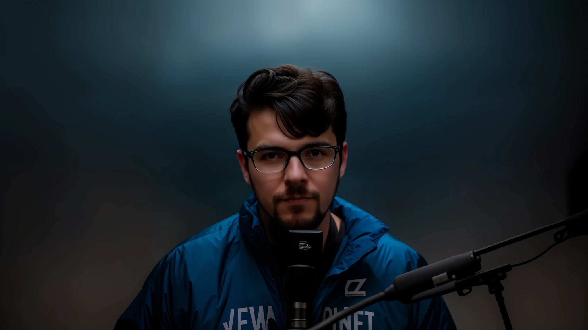 there is a man with glasses and a beard wearing a blue jacket, portrait shot 8 k, mid shot portrait, headshot profile picture, mid portrait, cinematic portrait, cinematic headshot portrait, soft portrait shot 8 k, high quality portrait, low key lighting, low - key studio lighting, looking straight to camera, headshot portrait, journalist photo, portrait shot, looking straight into camera