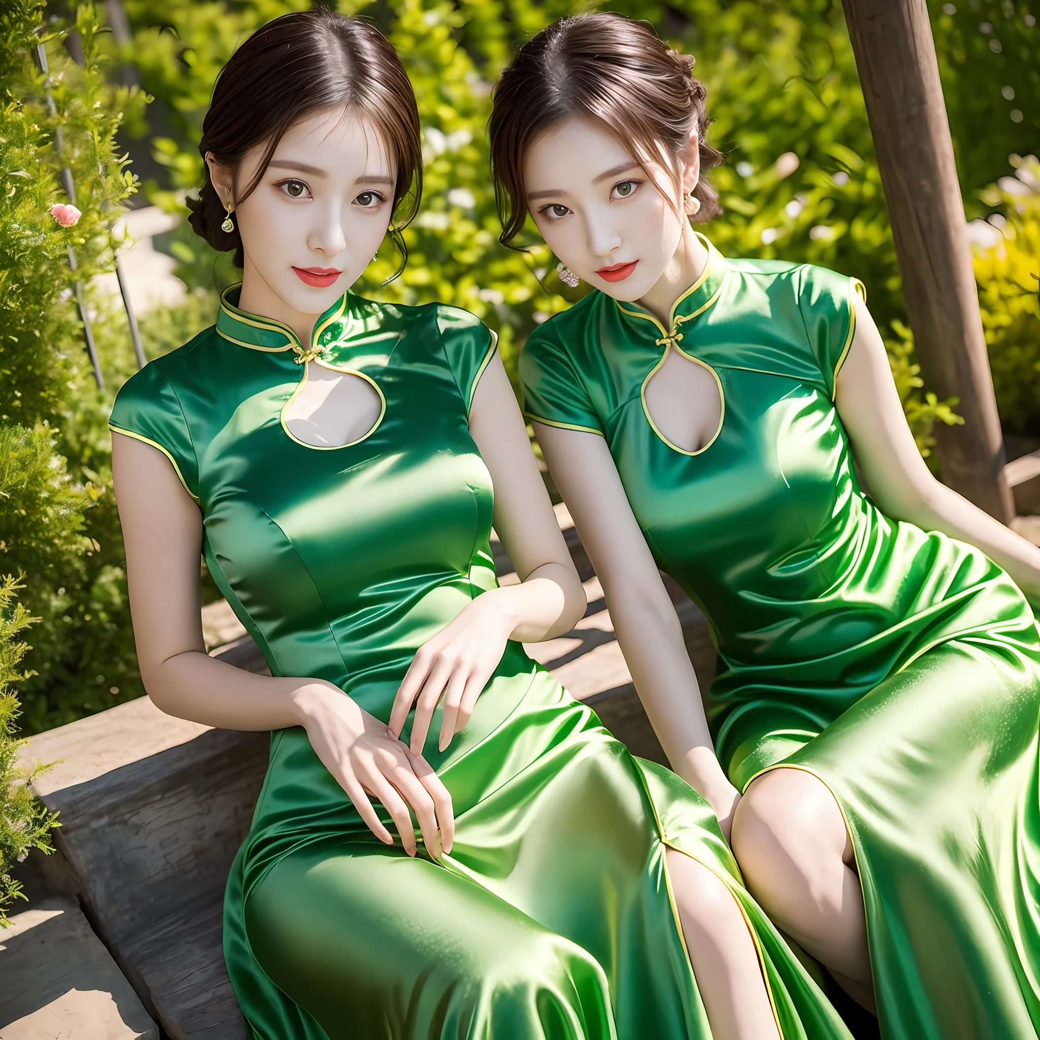 Two women in green dresses taking pictures in the garden, beautiful gemini twins portrait,huge tit,爆乳,sakimichan hdri, beautiful gemini twins, ,green silk dress, Cute elegant pose,Wearing a green cheongsam,Cheongsam with slit,silk cheongsam,In green cheongsam