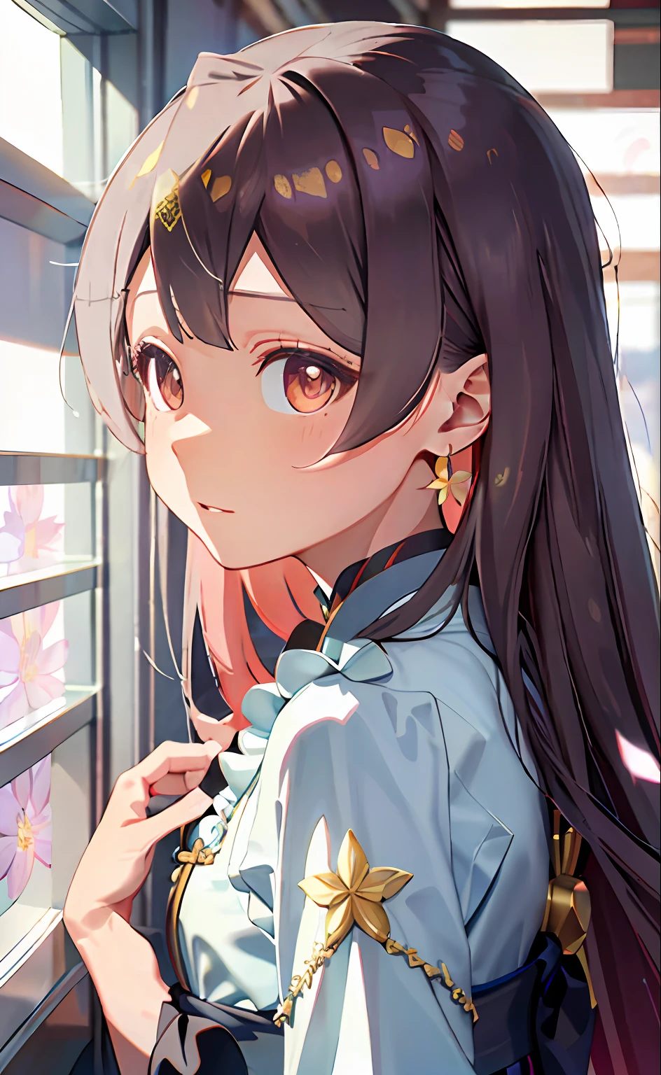 Floating hair,Delicate and agile eyes,Starry pupils,Intricate damask hanfu,Gorgeous accessories,Wearing pearl earrings,fov,F1.8,tmasterpiece,Complexscenes,Petals flying,Frontal portrait shot,Chang'e,Oyama Makoto,Black yukata
