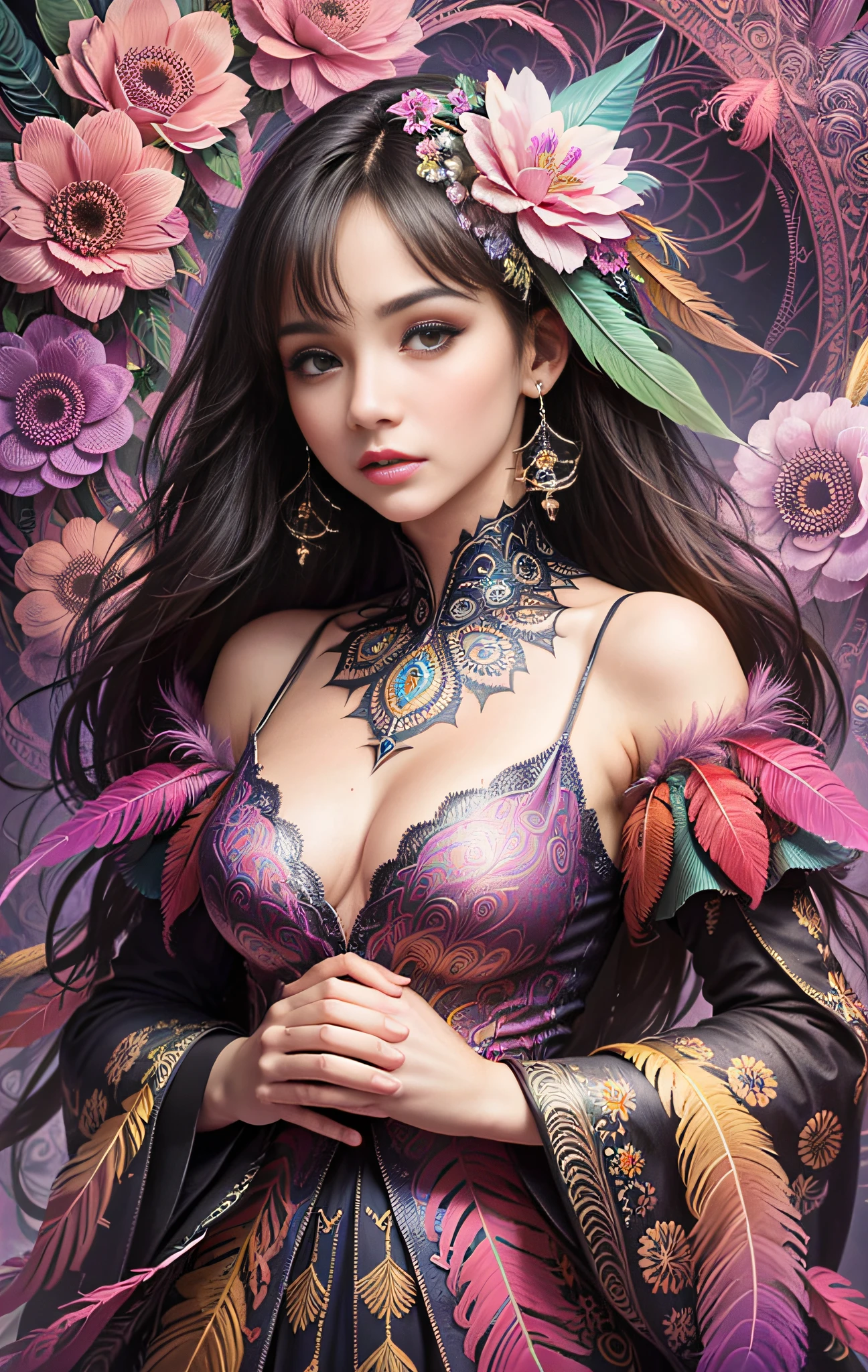 (masterpiece, top quality, best quality, official art, beautiful and aesthetic:1.2), (1girl:1.3), extremely detailed,(fractal art:1.1),(colorful:1.1)(flowers:1.3),highest detailed,(zentangle:1.2), (dynamic pose), (abstract background:1.3), (many colors:1.4),(earrings), (feathers:1.5)
