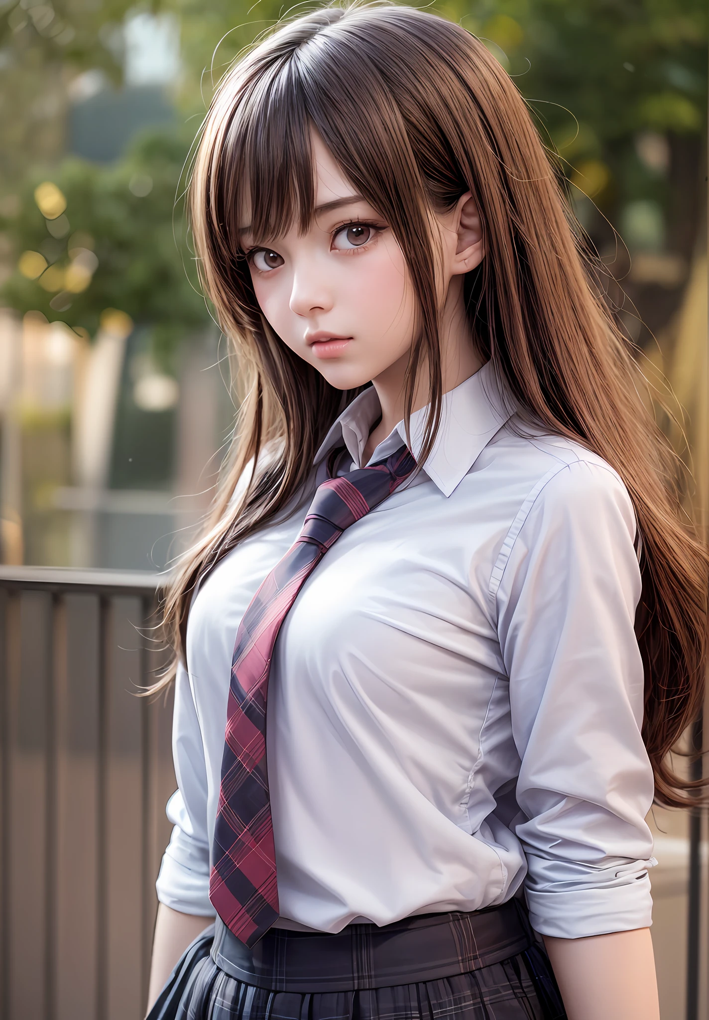 Anime girl with long brown hair and white shirt and tie, a hyperrealistic schoolgirl, a hyperrealistic schoolgirl, photorealistic anime, Realistic Schoolgirl, small curvy loli, Hyper realistic anime, photorealistic anime girl render, Cute Schoolgirl, Seductive Anime Girl, Realistic Young Gravure Idol, [ 4 k photorealism ]!!, realistic anime 3 d style