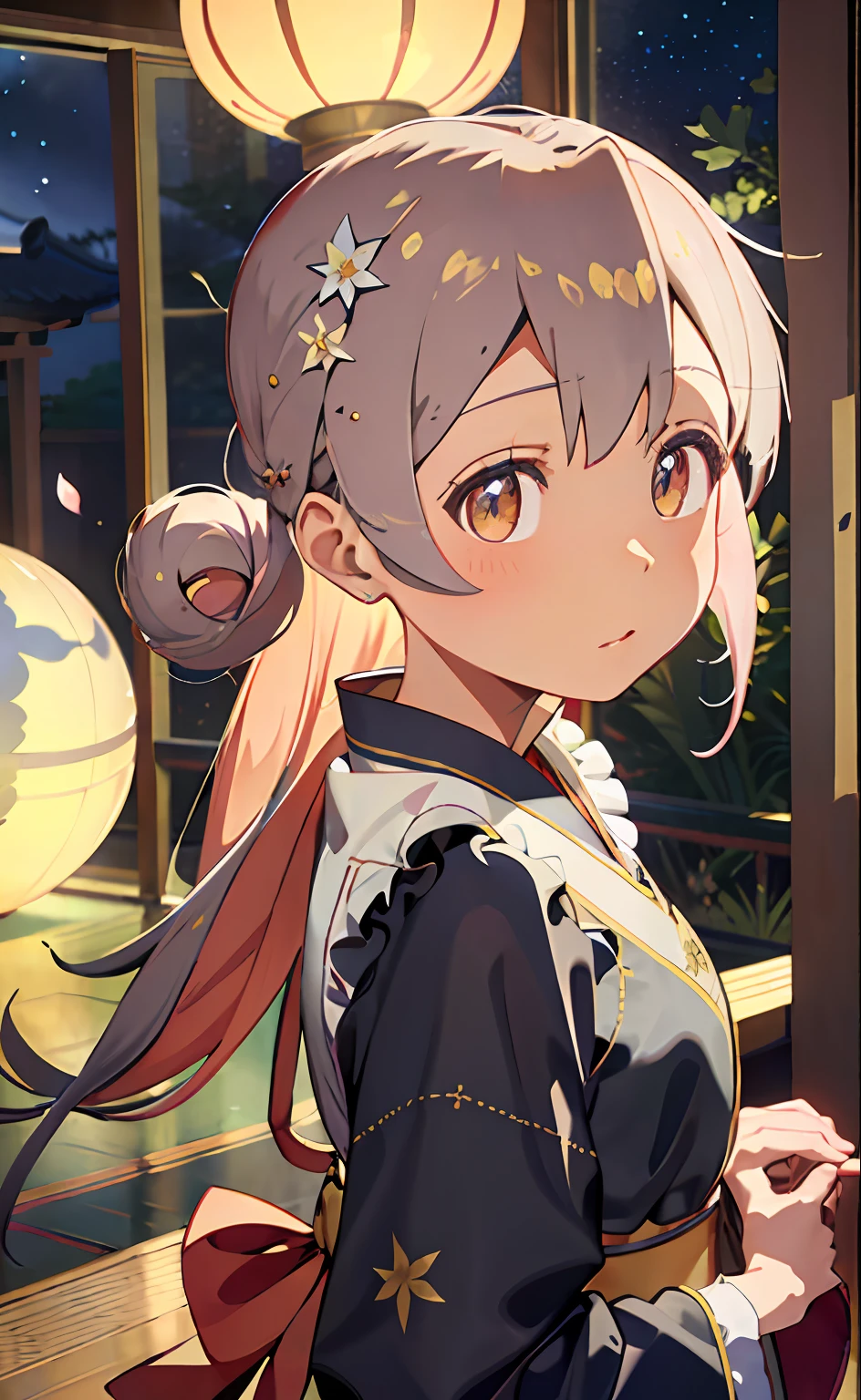 Floating hair，Delicate and agile eyes，Starry pupils，Intricate damask hanfu，Gorgeous accessories，Wearing pearl earrings，fov，F1.8，tmasterpiece，Complexscenes，Petals flying，Frontal portrait shot，Chang'e，Oyama Makoto，Black yukata