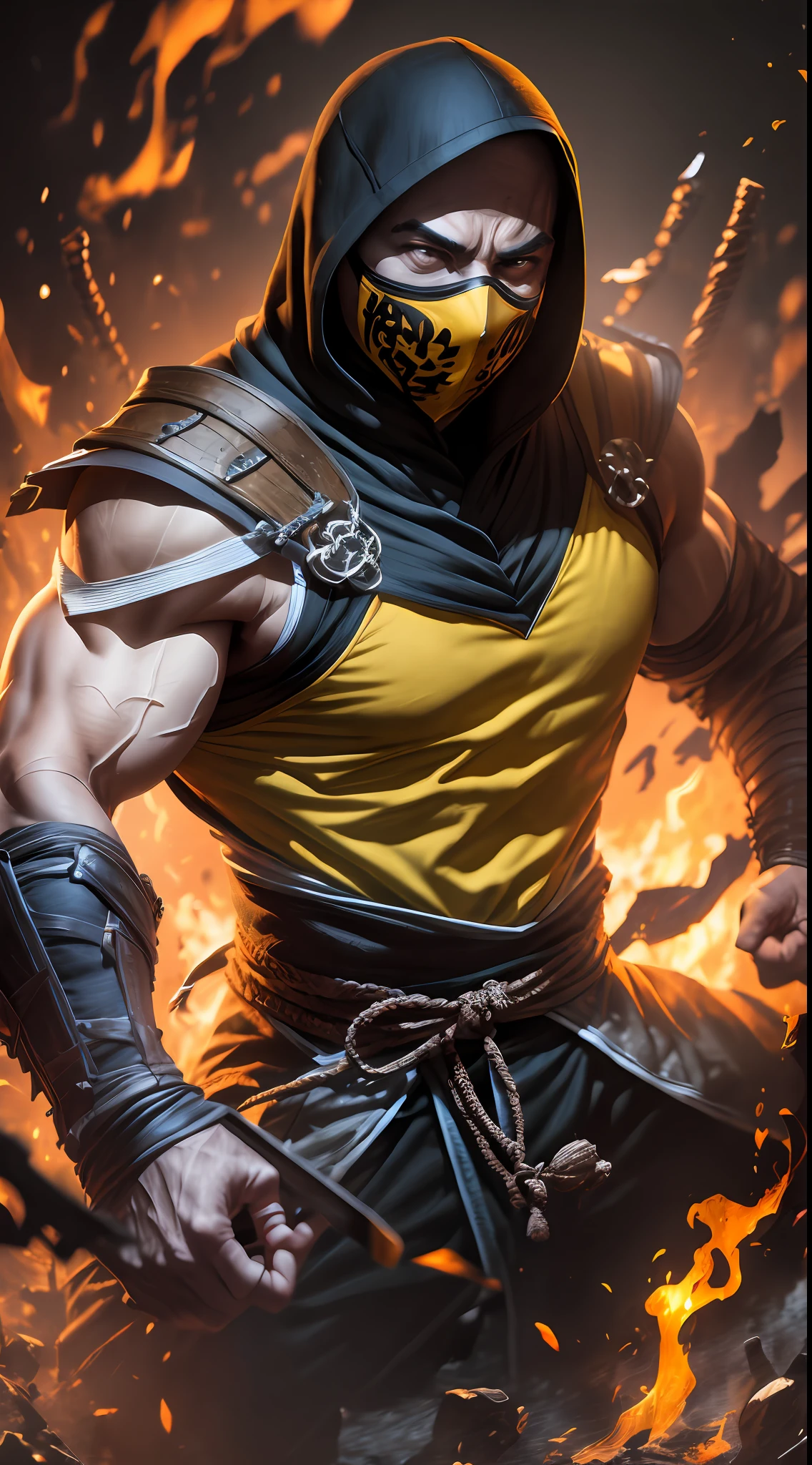 4k, wallpaper, 1 man, solo, Scorpion, old man, mortal kombat, tall, fit muscle, hunk, yellow and black face mask, kunai spear weapon, wearing light yellow and black ninja clothes, glowing yellow eyes, yellow fabric hood, fire in the background, upper body shot, martial art pose, best quality:1.2, high resolution:1.2, masterpiece, low camera angle, detailed outfit, shadows, volumetric lighting, landscape of hell in the background