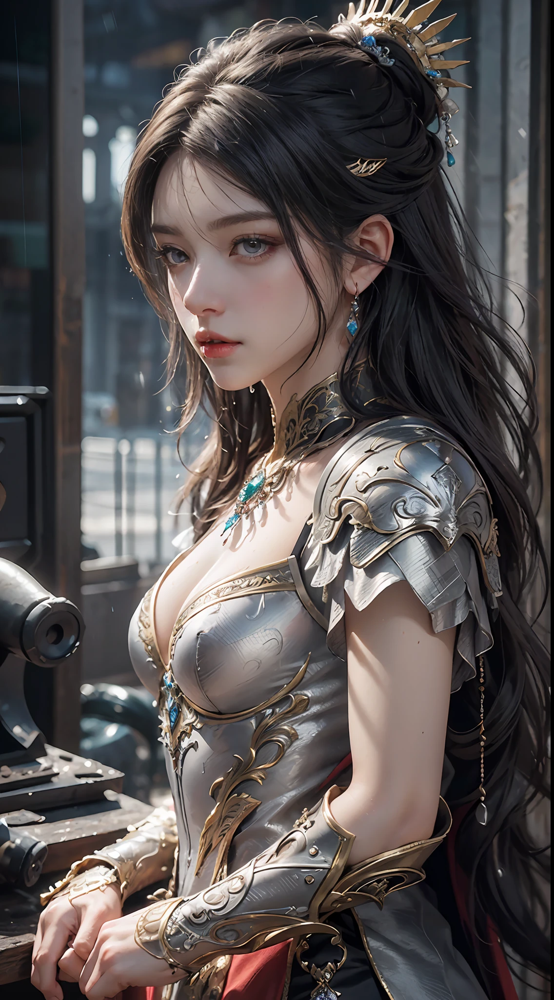 Close-up of a woman in a black red dress, realistic Art Station, hard raining scene, Detailed Fantasy Art, Stunning Character Art, Epic Exquisite Character Art, Beautiful Armor, Extremely Detailed, red armor Girl, Exquisite Intricate Headdress and Jewelry, whole body capture