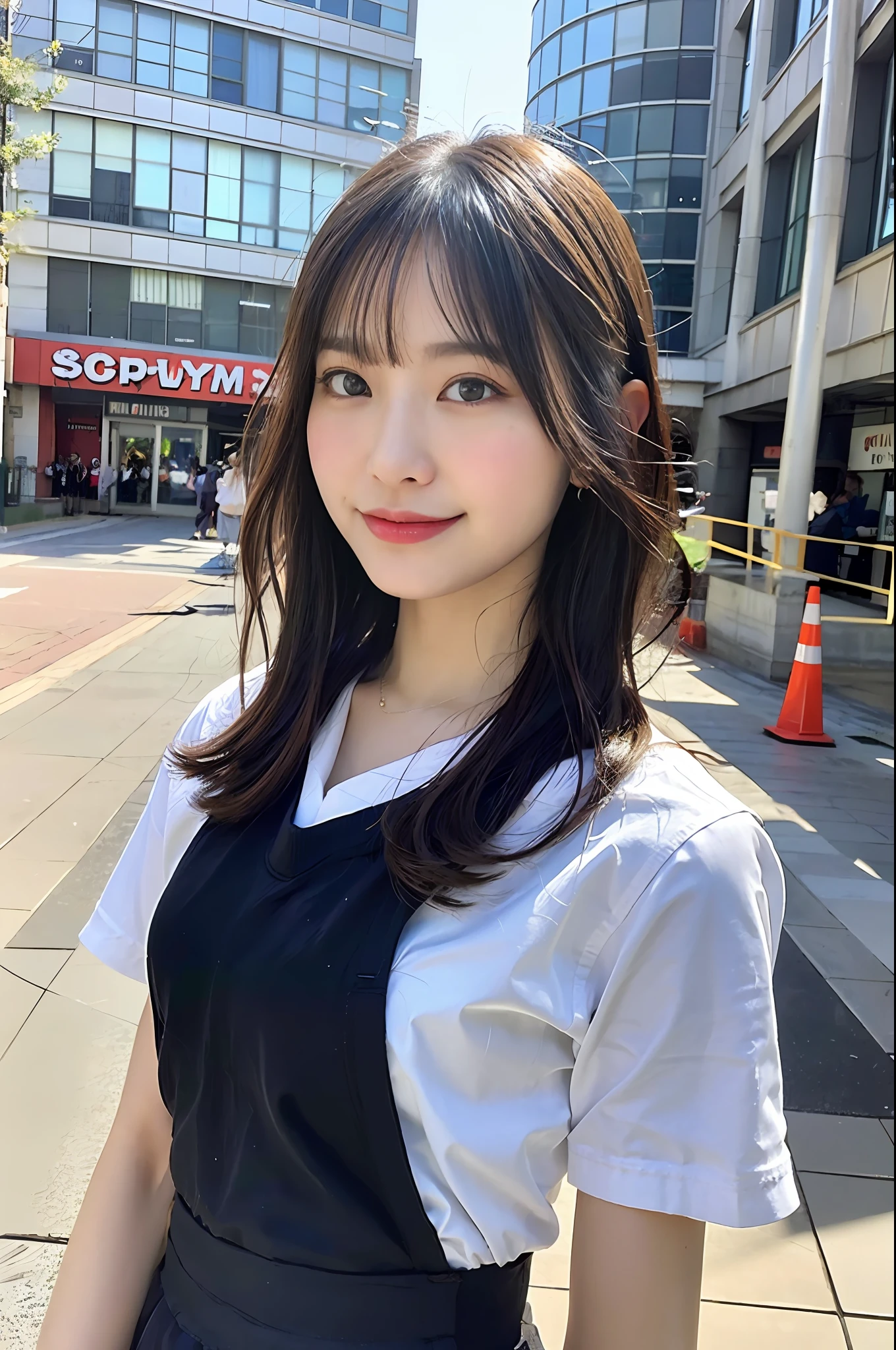 Ultra top quality, masterpiece, ultra high resolution, (photorealistic: 1.4), highly detailed CG Unity 8k wallpaper, detailed and complex, original, high resolution, raw photo, (perfect body shape), fine and complex, DSLR, soft lighting, high quality, film grain, depth of field, FUJIFILM XT3, 50mm lens, backlight, HDR, hyperreal, color grade, dynamic pose, portrait, Japan person, smile, lips, bangs, (crowded akihabara: 1.2), front view viewer, natural light, girl, 20 years old, full body, solo, student, high school, uniform, sailor color, bobby socks, pleated skirt, daytime, on the street, deep shadow, cute, beauty, discreet, cold light 12000K\\ street, store status, Akihabara, Shinjuku, Shibuya, Ikebukuro, detailed realistic, detail, skin texture, ultra detailed, realistic skin texture, (dramatic, award-winning photos, incredible masterpieces: 1.3)