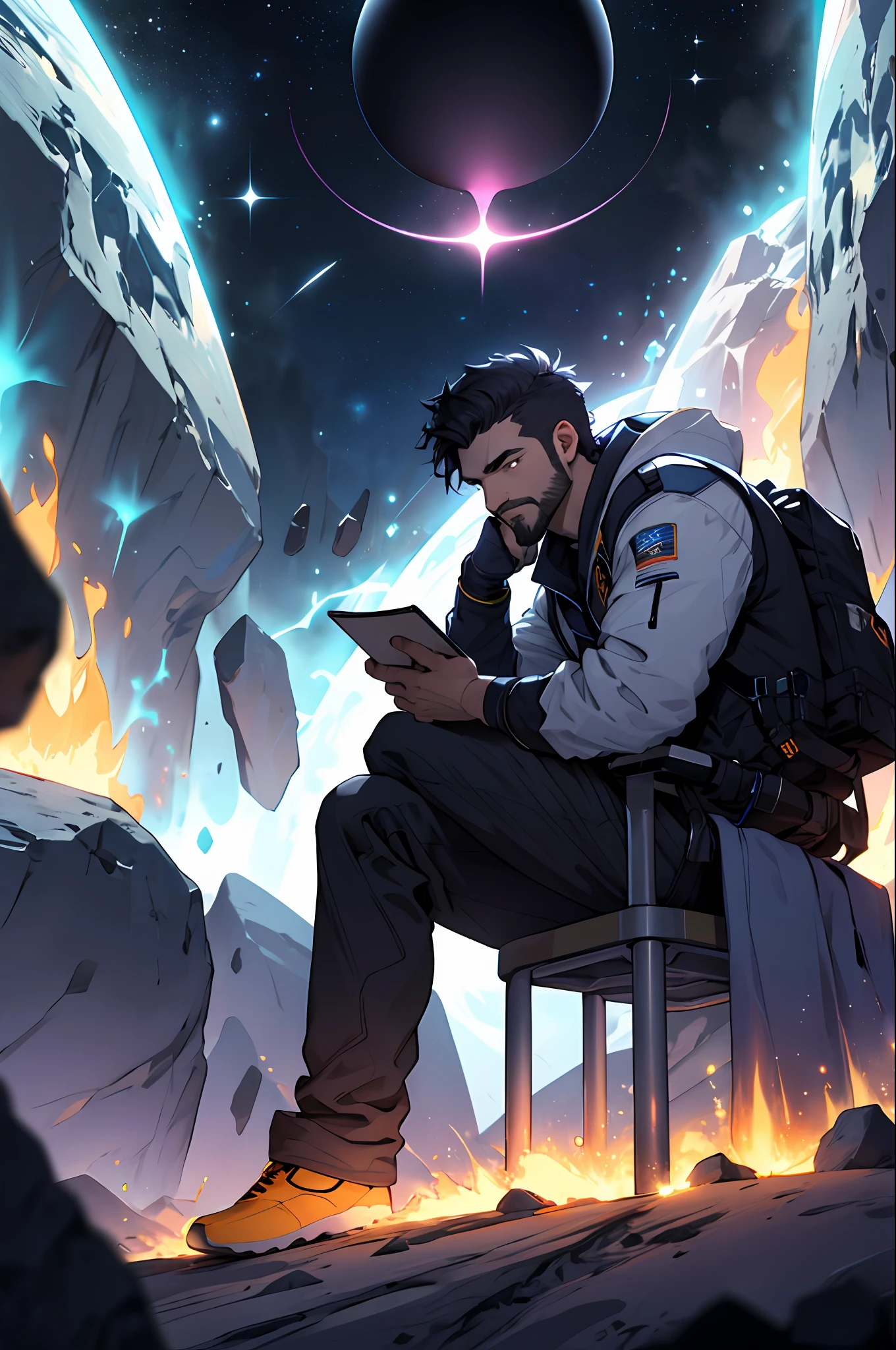 Draw a young programmer, sitting on a research platform floating in the middle of an asteroid belt. He is studying with a notebook, surrounded by several asteroids glowing with fiery auras. Dramatic lighting from distant stars and planets illuminates the scene, casting deep shadows on the suit. The young man looks confident and determined, looking at the vast and mysterious universe with wonder and respect,facial hair, cowboy shot,
