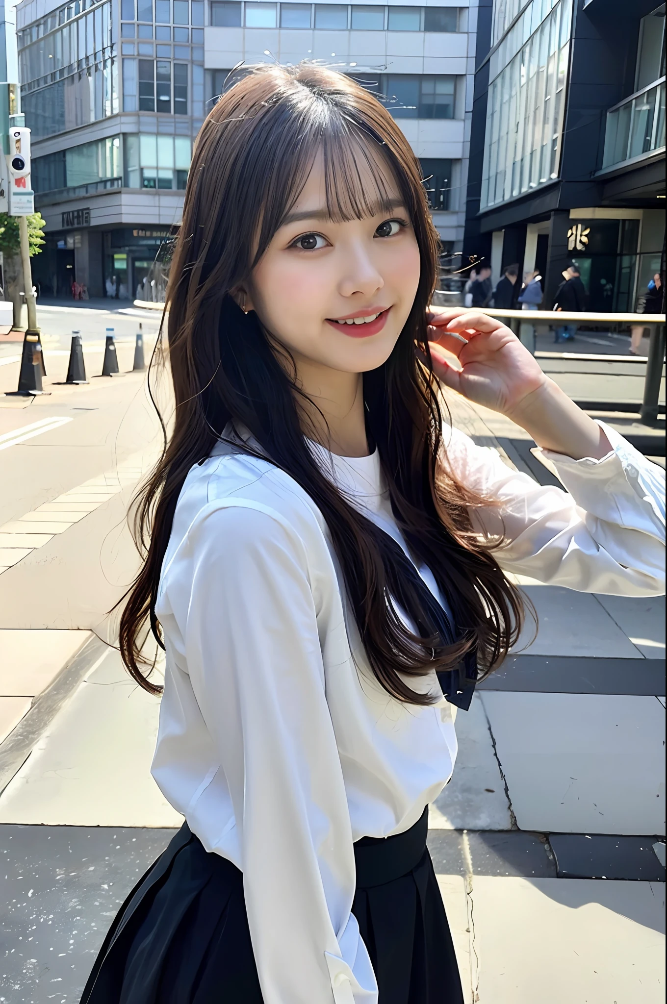 Ultra top quality, masterpiece, ultra high resolution, (photorealistic: 1.4), highly detailed CG Unity 8k wallpaper, detailed and complex, original, high resolution, raw photo, (perfect body shape), fine and complex, DSLR, soft lighting, high quality, film grain, depth of field, FUJIFILM XT3, 50mm lens, backlight, HDR, hyperreal, color grade, dynamic pose, portrait, Japan person, smile, lips, bangs, (crowded akihabara: 1.2), front view viewer, natural light, girl, 20 years old, full body, solo, student, high school, uniform, sailor color, bobby socks, pleated skirt, daytime, on the street, deep shadow, cute, beauty, discreet, cold light 12000K\\ street, store status, Akihabara, Shinjuku, Shibuya, Ikebukuro, detailed realistic, detail, skin texture, ultra detailed, realistic skin texture, (dramatic, award-winning photos, incredible masterpieces: 1.3)