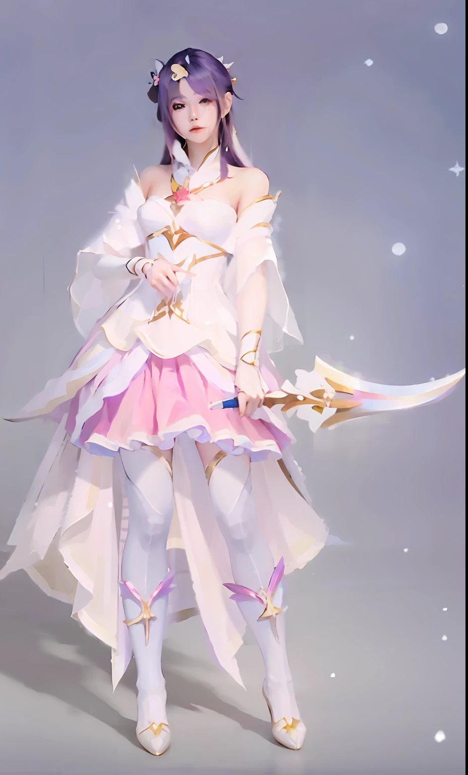 a close up of a person in a costume holding a sword, lunar themed attire, style of magical girl, full-body xianxia, Beautiful celestial mage, Keqing from Genshin Impact, astral witch clothes, zhongli from genshin impact, pale snow-white skin, slick pink armor, clear outfit design, inspired by Li Mei-shu