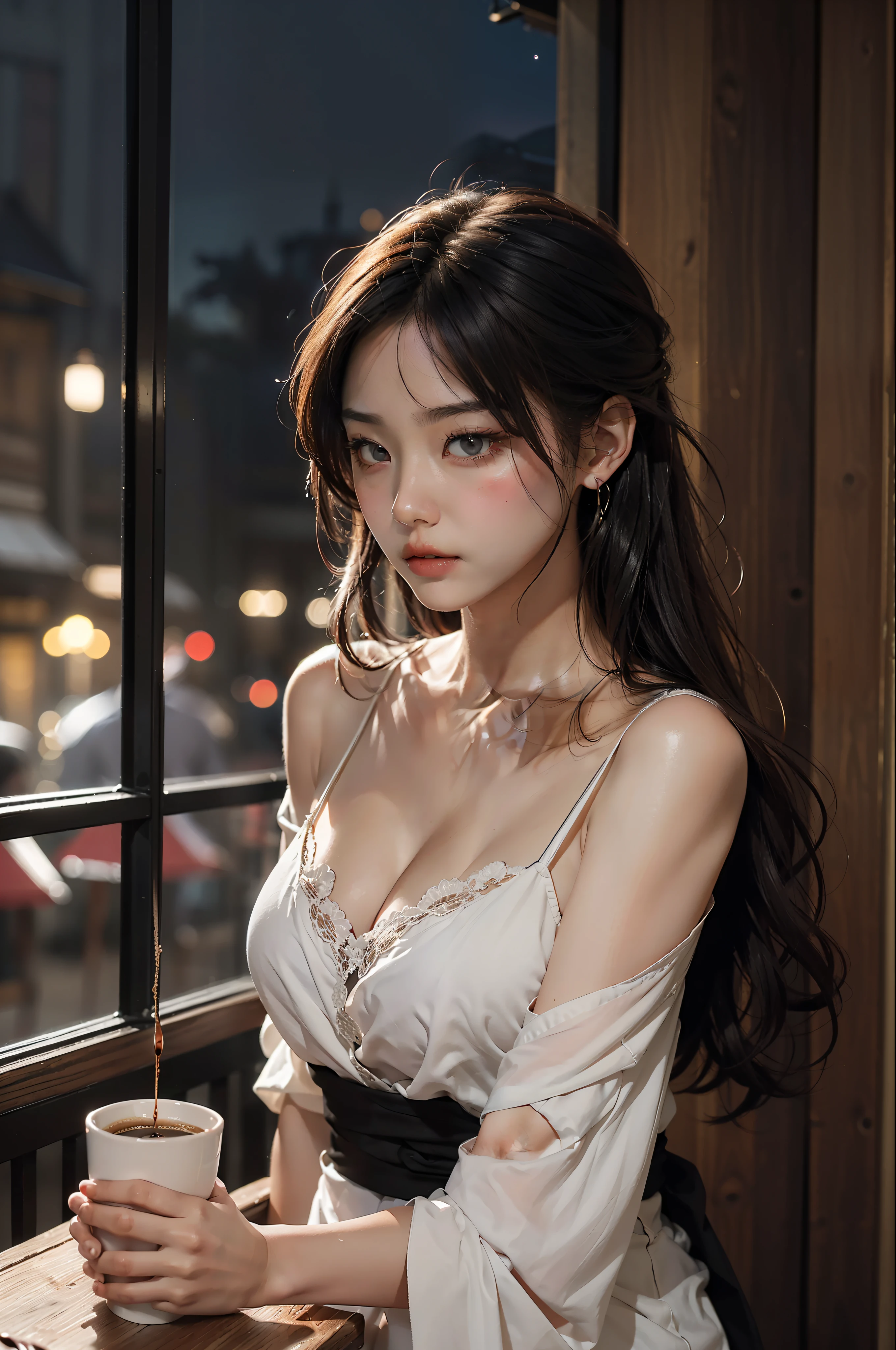 top-quality、masterpiece、超A high resolution、top-quality、masterpiece、超A high resolution、(Photorealsitic:1.4)、Raw photo、One girl、The upper part of the body、in coffee shop、Deep Shadows、Night theme、Still bright、asian human、japanes