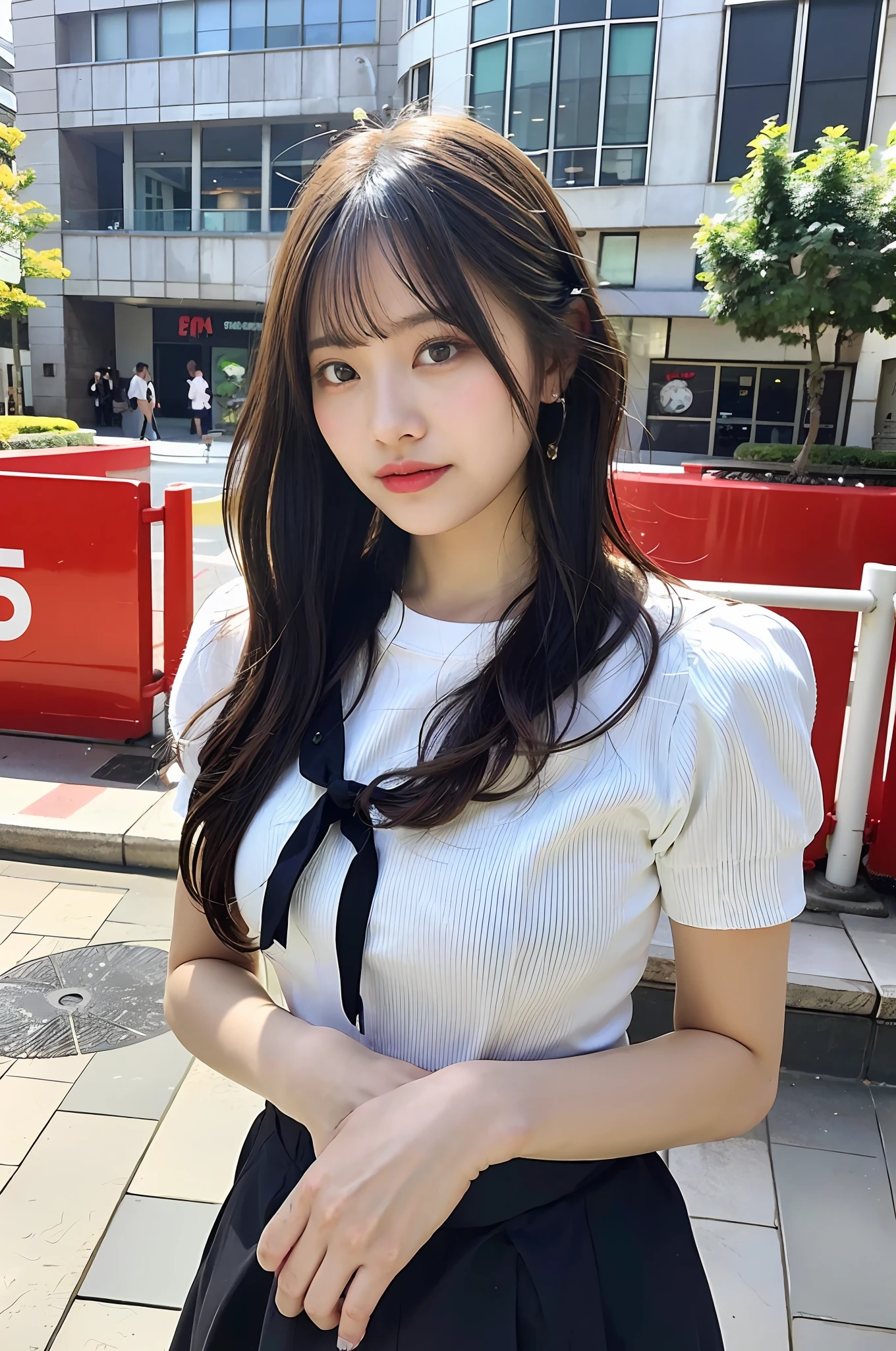 Asian woman in arafe in white shirt and black skirt poses for photo, tzuyu from twice, neat hair with bangs, sakimichan, jaeyeon nam, Hot with shining sun, white hime cut hairstyle, Larisa Manobal, Realistic Young Gravure Idol, ulzzangs, She has black hair with bangs, With bangs