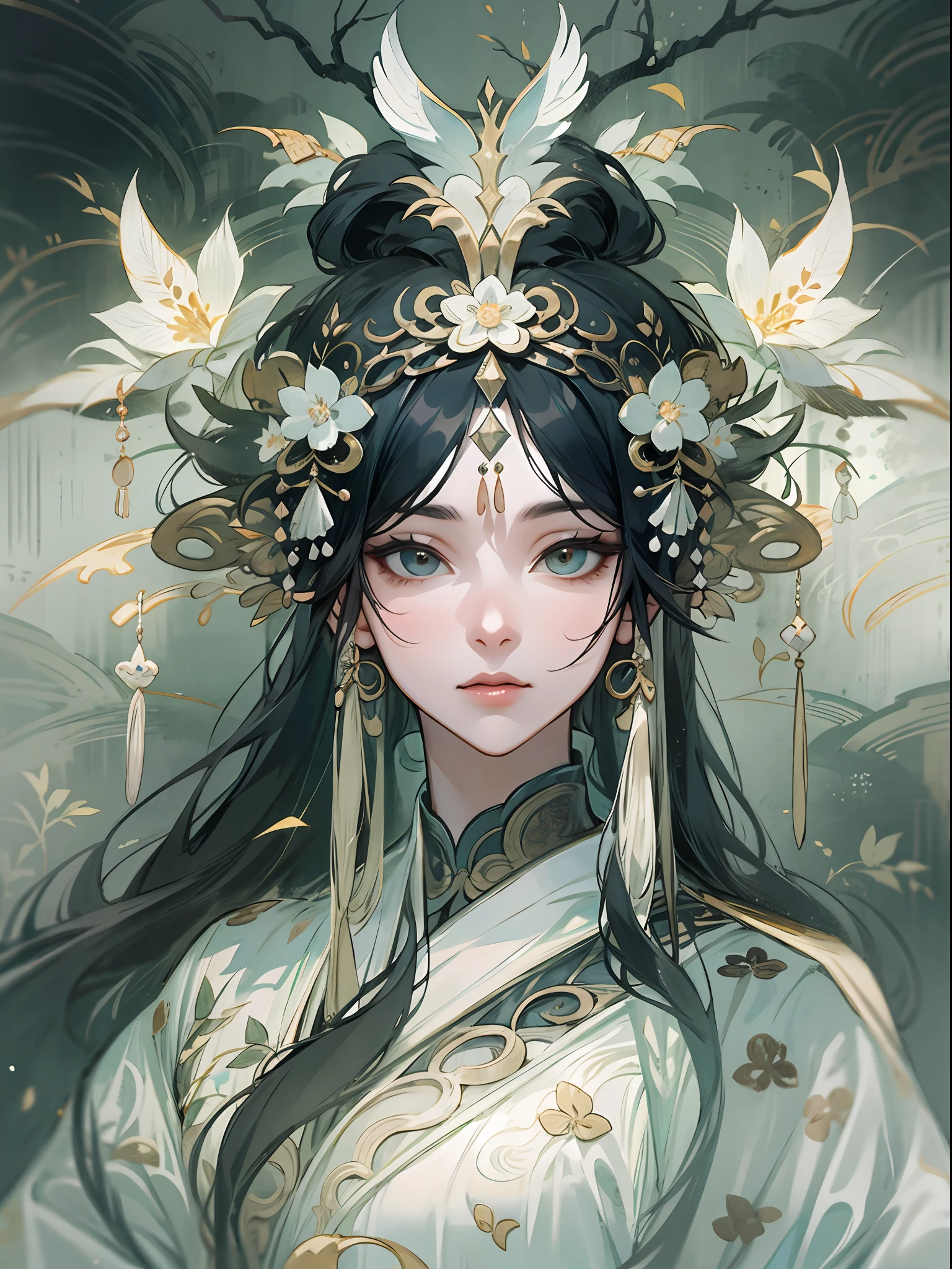 (Blind cool beautiful girl wearing white),Flowing sleeves,watery big eyes,Beautiful face and smooth fair skin,s delicate face,Flowing black hair,An ancient Chinese beauty,wearing ancient Chinese costume,Flowing tulle,Light shades,Light color,(clean backdrop),Ink painting style,Clean colors,Decisive cut,A white space,unarmed,tmasterpiece, Ultra-delicate,Epic composition,high high quality,HighestQuali,4K