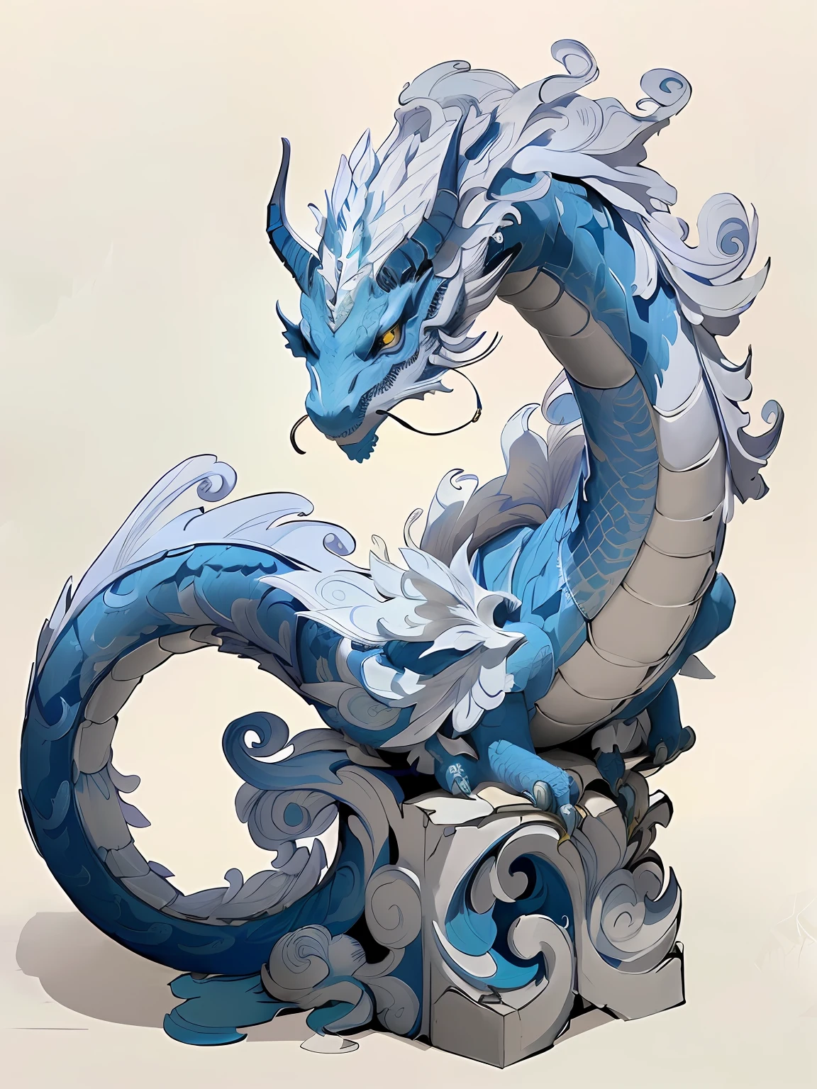 There is a dragon statue made of paper，It has a blue and white pattern on it, water dragon, chinese dragon concept art, Blue dragon, Dragon Art, intricate ornate anime cgi style, cyan chinese dragon fantasy, smooth chinese dragon, highly detailed water colour 8k, highly detailed water colour 8 k, inspired by Kanō Naizen, majestic japanese dragon, highly detailed and colored，offcial art，统一 8k 壁纸，ultra - detailed，Beauty and aesthetics，big breasts beautiful，tmasterpiece，Best quality at best，（zentangle，datura，Tangles，entangled），（??????? of flower：1.2）dynamic angle --auto