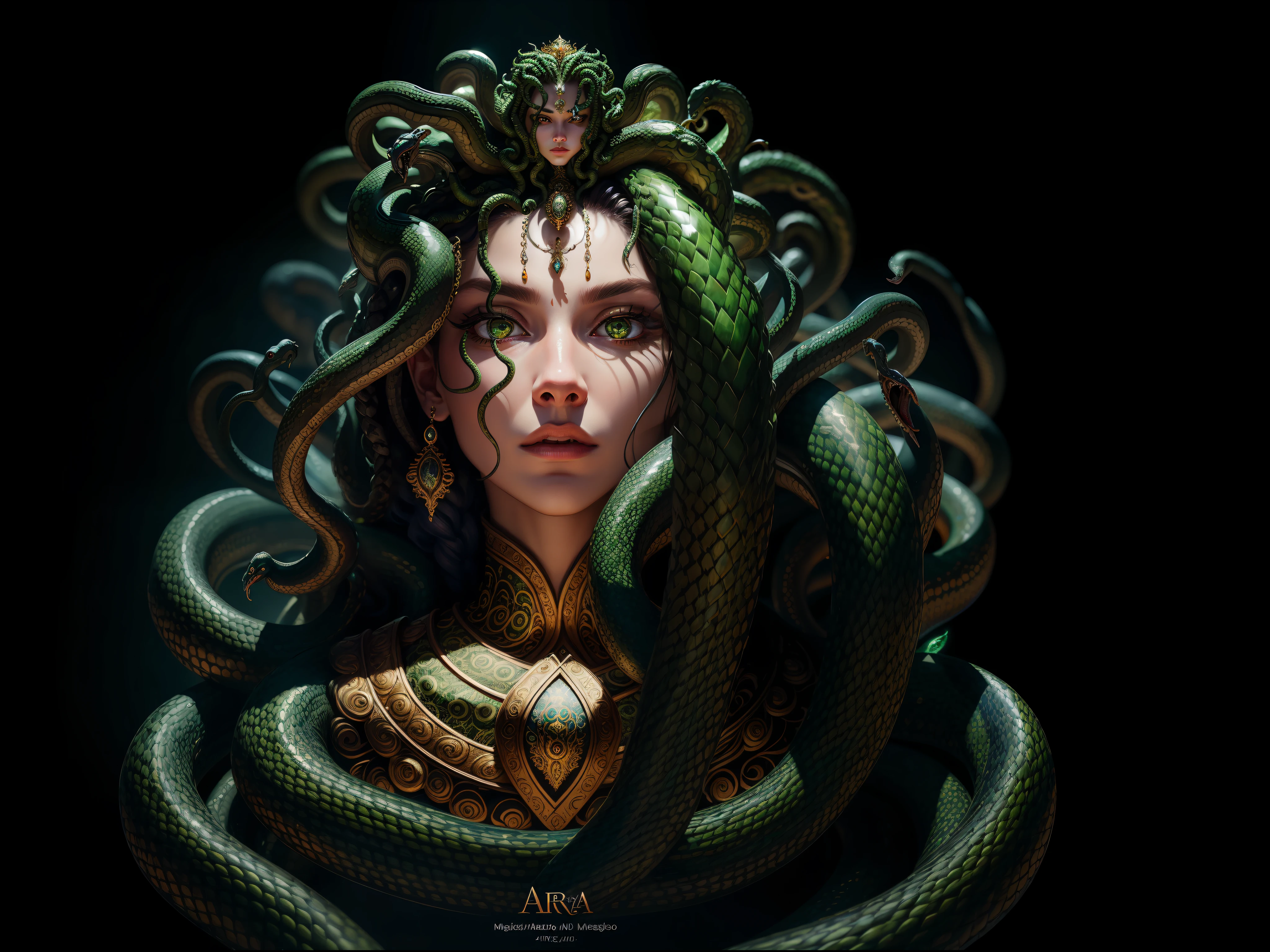 ((best quality)), ((masterpiece)), ((realistic)), Medusa, full body, the hair is composed of countless small snakes, green eyes, female face, metal carved top, royal aura, trend on artstation , sharp focus, studio photo, intricate detail, very detailed, detailed eye, illustration, very detailed, sharp focus, digital render, professional, 4k