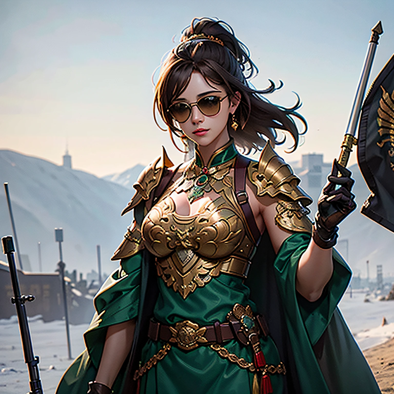 Bronze culture,Bronze back lines,Hetian jade decoration,Machine armour wind,Corgi,holding rifle,With sunglasses,camo,Crazy details,ultra - detailed,armour --auto