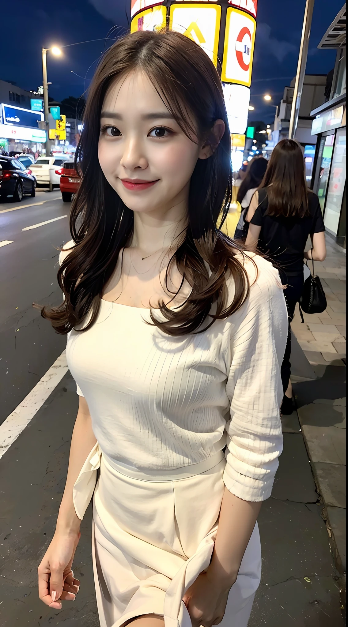 (8k, RAW photo, best quality, masterpiece: 1.2), (realistic, photorealistic photo: 1.37), professional lighting, photon mapping, light energy transfer, low cut, big breasts, ((slightly fat)), korean girl, background walking on city night, lace, long skirt, small white shoes, highly detailed face and skin texture, delicate eyes, double eyelids, whitened skin, long hair, (shut up: 1.3), smile