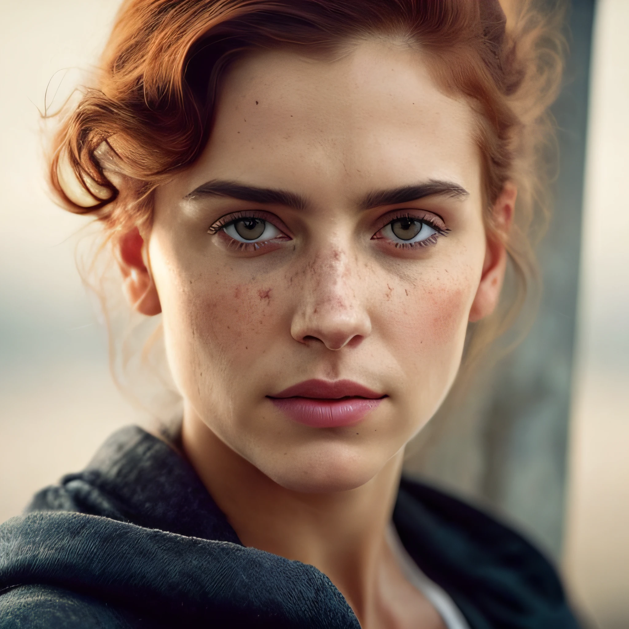 High detail RAW color closeup pale beautiful 20 year old woman(((Amused beautifully,Redheads are slim)Angular face,femminine,largeeyes)),((wearing rags,corrupted))cloaks,realisticlying,对称,highly detailed,Harsh lighting,cinmatic lighting,Artgerm and the art of Greg Rutkowski and Alphonse Muya, Serious eyes, to contrast, textureskin, Cold skin pores, hasselblatt, 45 degree, hard light, gigapixel , both feet visible, Flawless Face, freckle, Perfect shaved