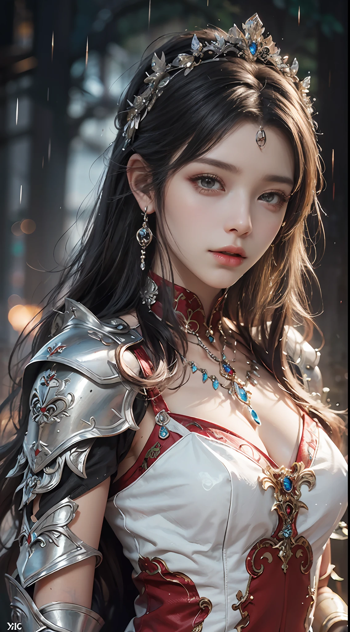 Close-up of a woman in a silver red dress, realistic Art Station, hard raining scene, Detailed Fantasy Art, Stunning Character Art, Epic Exquisite Character Art, Beautiful Armor, Extremely Detailed, red armor Girl, Exquisite Intricate Headdress and Jewelry