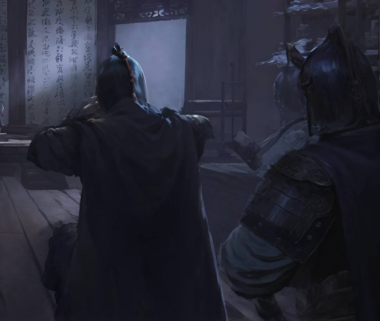 Ancient Chinese general in dark room with table, author：Han Gan, by Xuande Emperor, Game illustration, inspired by Xuande Emperor, rpg scene, author：Li Zai, concept art scene,  author：Chen Jiru, inspired by Lu Zhi, illustration concept art, yiqiang and shurakrgt