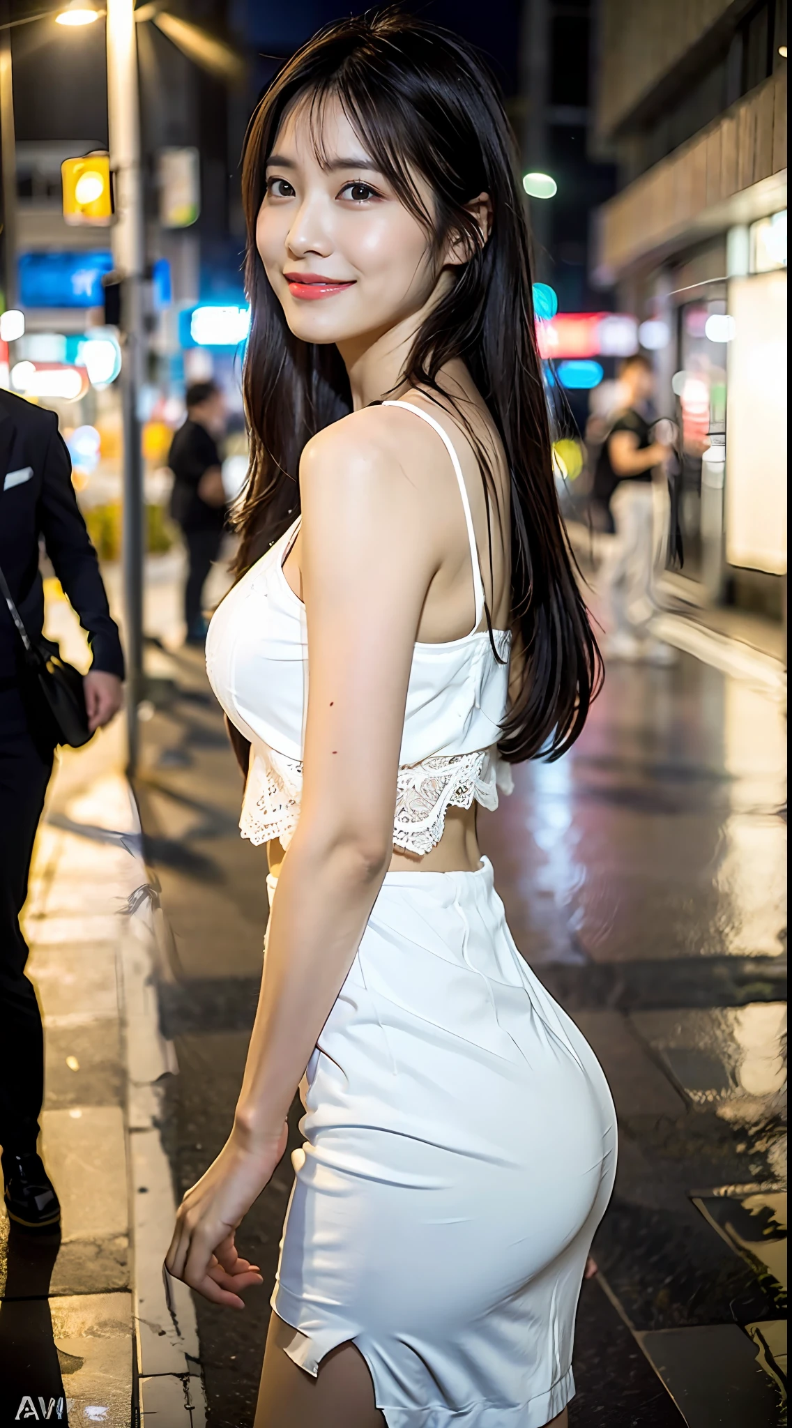 (8k, RAW photo, best quality, masterpiece: 1.2), (realistic, photorealistic photo: 1.37), professional lighting, photon mapping, light energy transfer, low cut, big breasts, ((slightly fat)), korean girl, background walking on city night, lace, long skirt, small white shoes, highly detailed face and skin texture, delicate eyes, double eyelids, whitened skin, long hair, (shut up: 1.3), smile