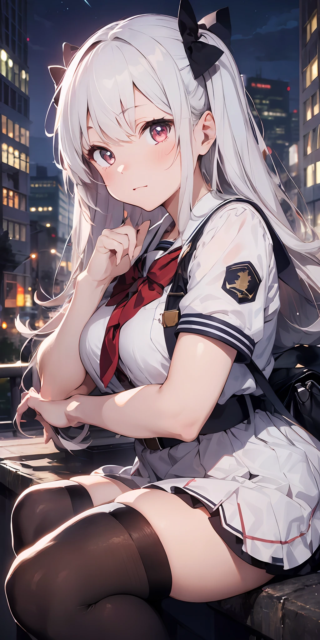 1girl, beautiful detailed eyes, long white hair, light red eyes, school uniform, high black stocking, lustrous skin, city, night, high contrast, ((masterpiece, best quality))