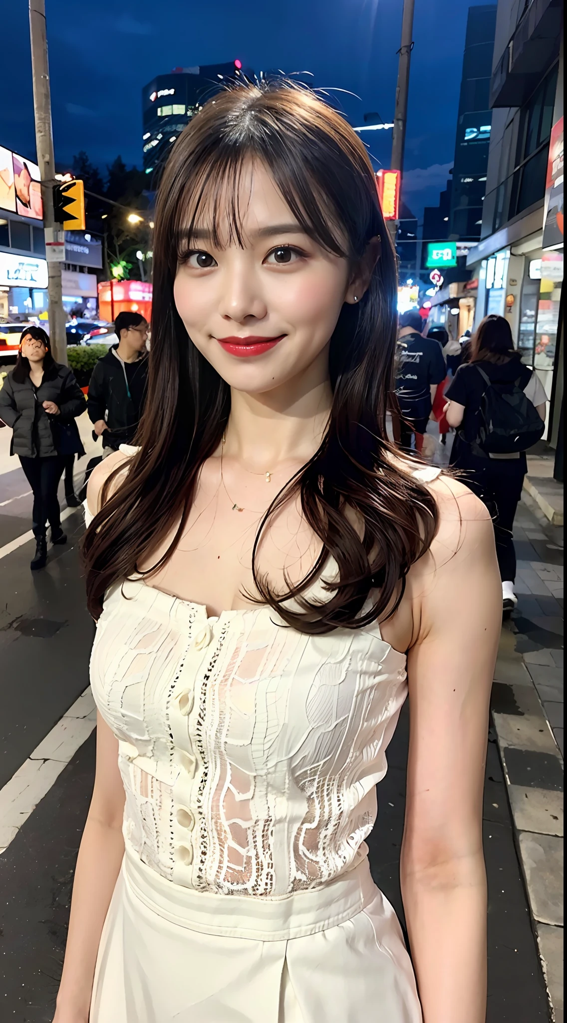 (8k, RAW photo, best quality, masterpiece: 1.2), (realistic, photorealistic photo: 1.37), professional lighting, photon mapping, light energy transfer, low cut, big breasts, ((slightly fat)), korean girl, background walking on city night, lace, long skirt, small white shoes, highly detailed face and skin texture, delicate eyes, double eyelids, whitened skin, long hair, (shut up: 1.3), smile