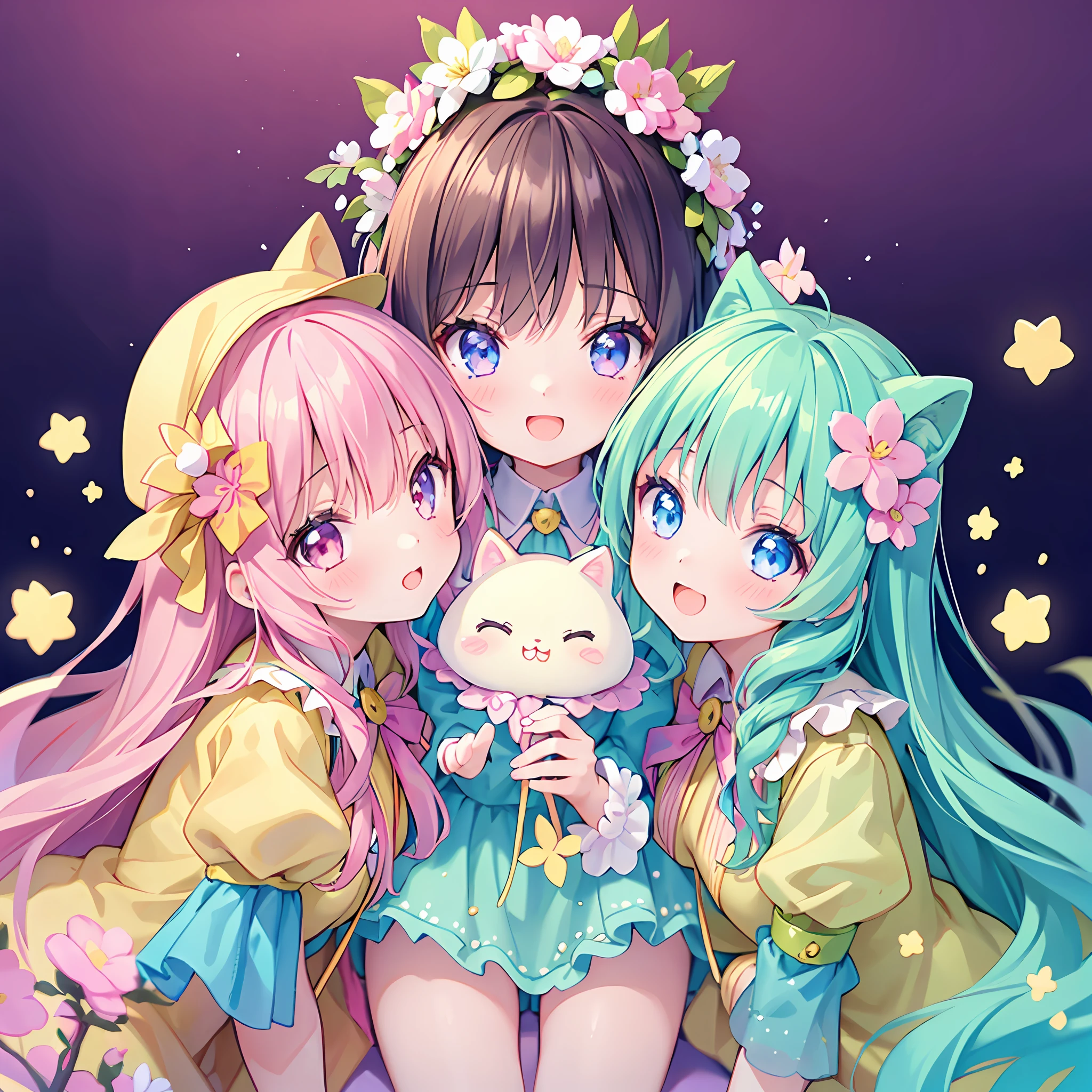 masterpiece, (2girls and 2girls), idol, closeup, big eyes, kawaiitech, kawaii, cute, pastel colors, best quality, happy, deep background, symmetrical, tilted head, spring