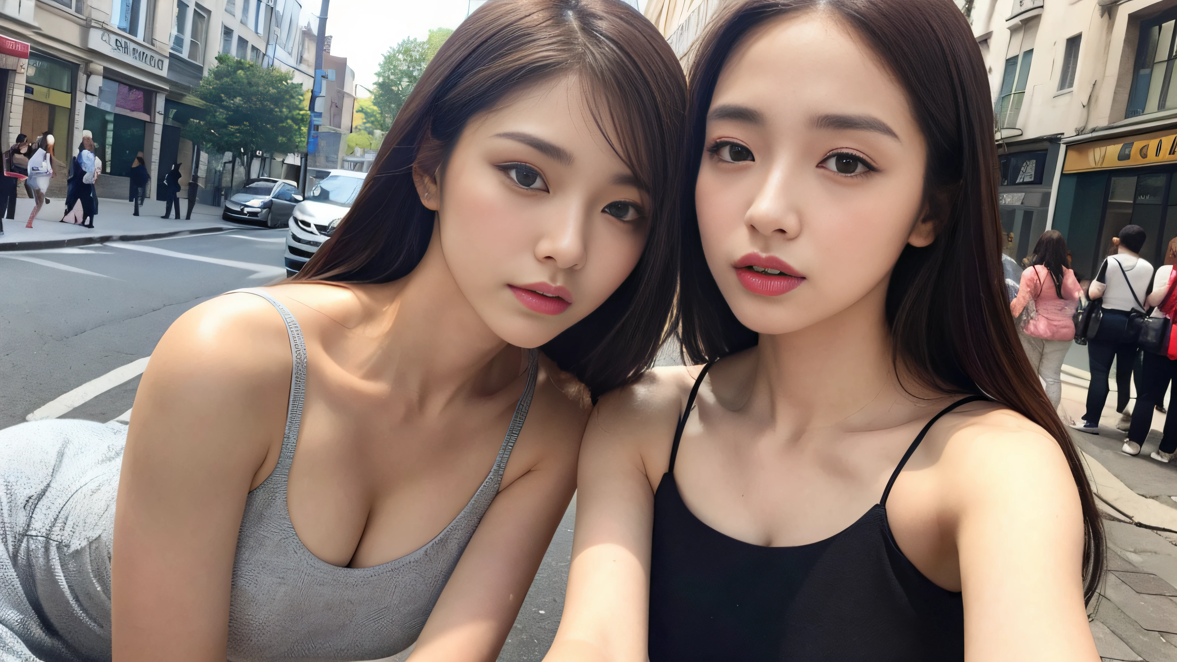 ((Realistic lighting, Best quality, 8K, Masterpiece: 1.3)), Clear focus: 1.2, 1girl, Perfect Body Beauty: 1.4, Slim Abs: 1.1, ((Dark Brown Hair, Big Breasts: 1.3)), (Aqua Dress: 1.4), (Outdoor: 1.1), City Street, Super Fine Face, Fine Eyes, Double Eyelids, Exposed cleavage