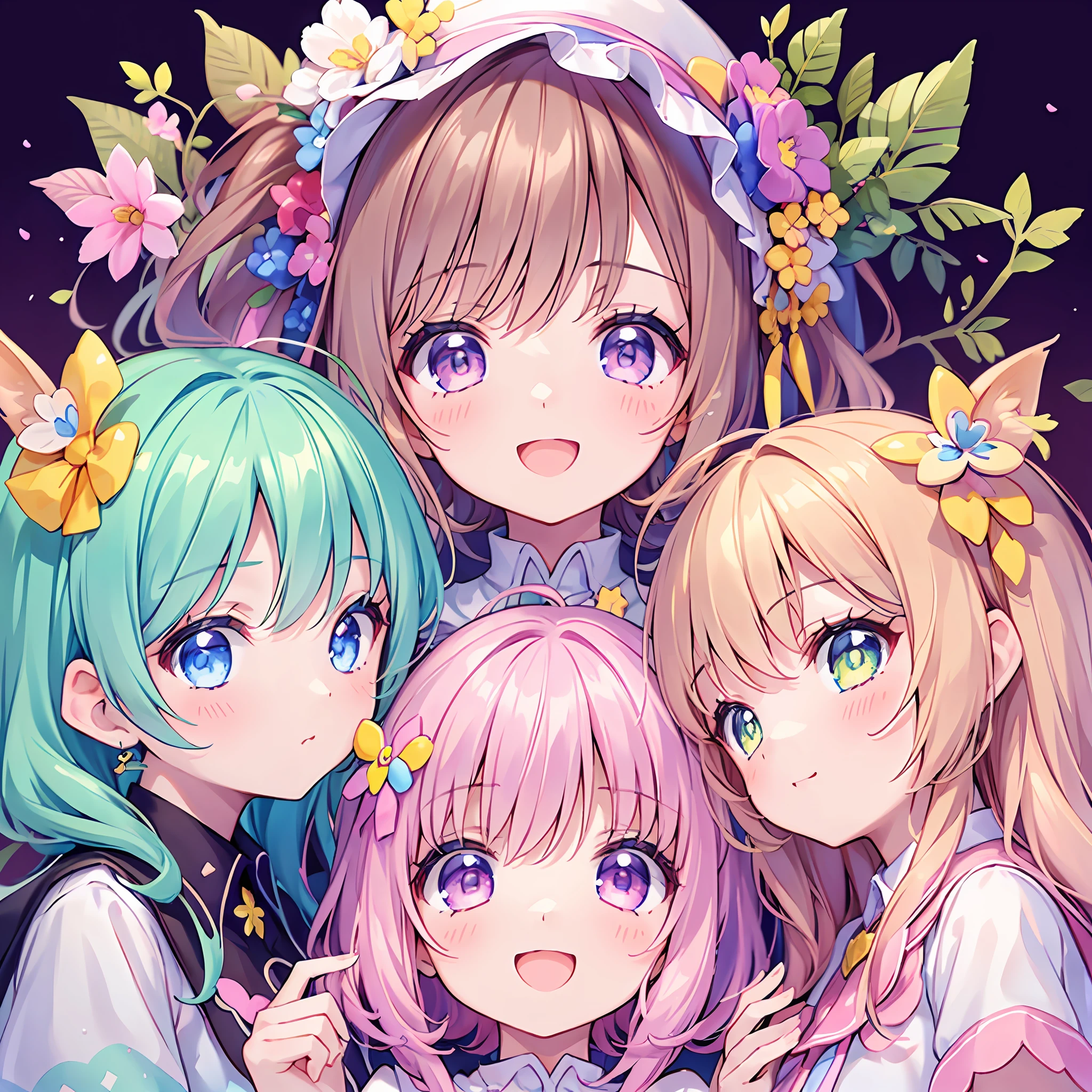 masterpiece, (2girls and 2girls), idol, closeup, big eyes, kawaiitech, kawaii, cute, pastel colors, best quality, happy, deep background, symmetrical, tilted head, spring