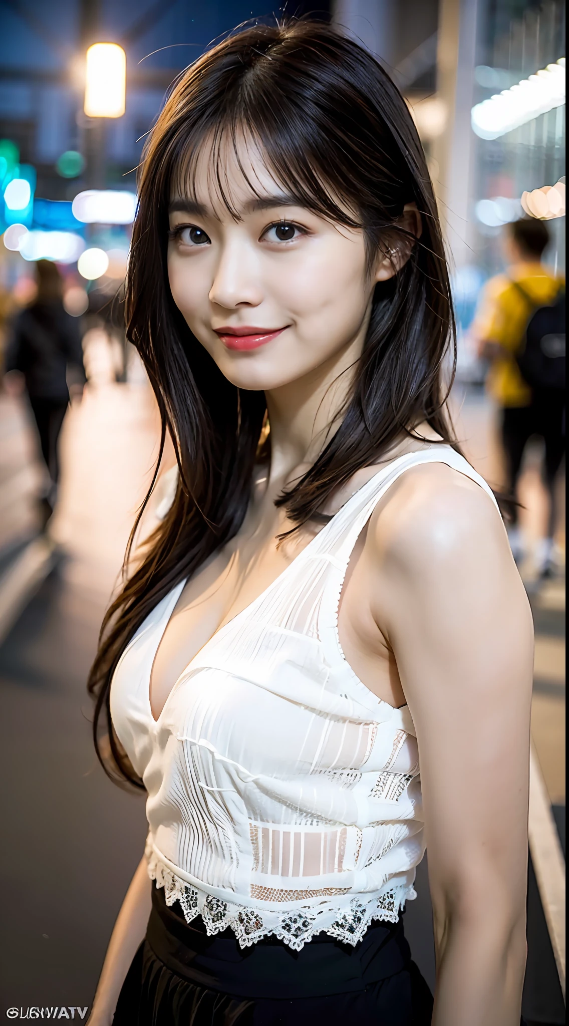 (8k, RAW photo, best quality, masterpiece: 1.2), (realistic, photorealistic photo: 1.37), professional lighting, photon mapping, light energy transfer, low cut, big breasts, ((slightly fat)), korean girl, background walking on city night, lace, long skirt, small white shoes, highly detailed face and skin texture, delicate eyes, double eyelids, whitened skin, long hair, (shut up: 1.3), smile