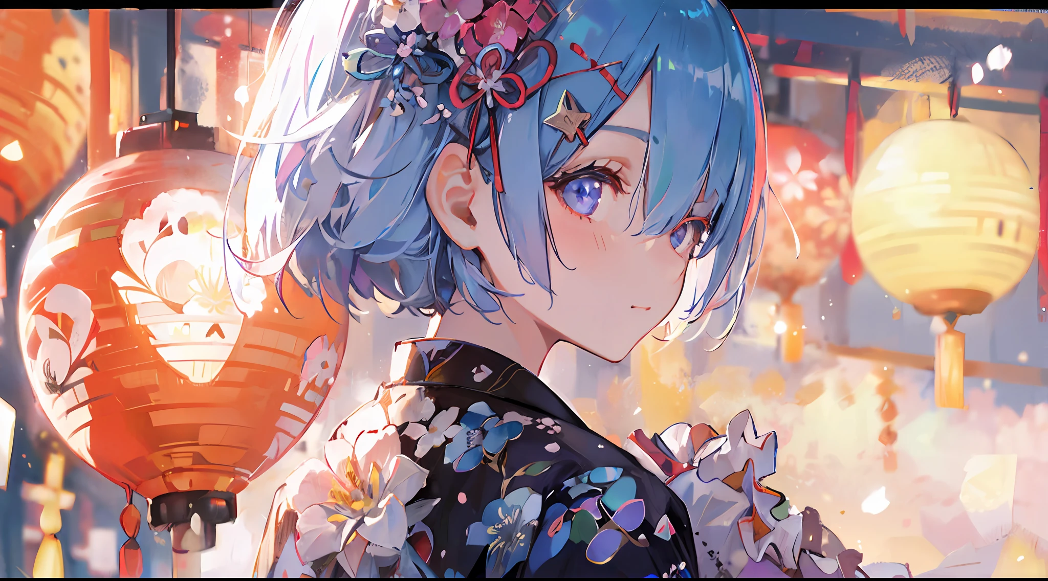 1girl, a distant girl in a kimono staring at the stars, (zoomed out: 1.1), (meteor shower: 1.2), (comet: 1.1), your name, low angle, from behind, northern lights, shooting stars, yukata, red kimono, cherry blossoms, Standing in the field, best quality, masterpiece, cloud, colorful, starry, stars,