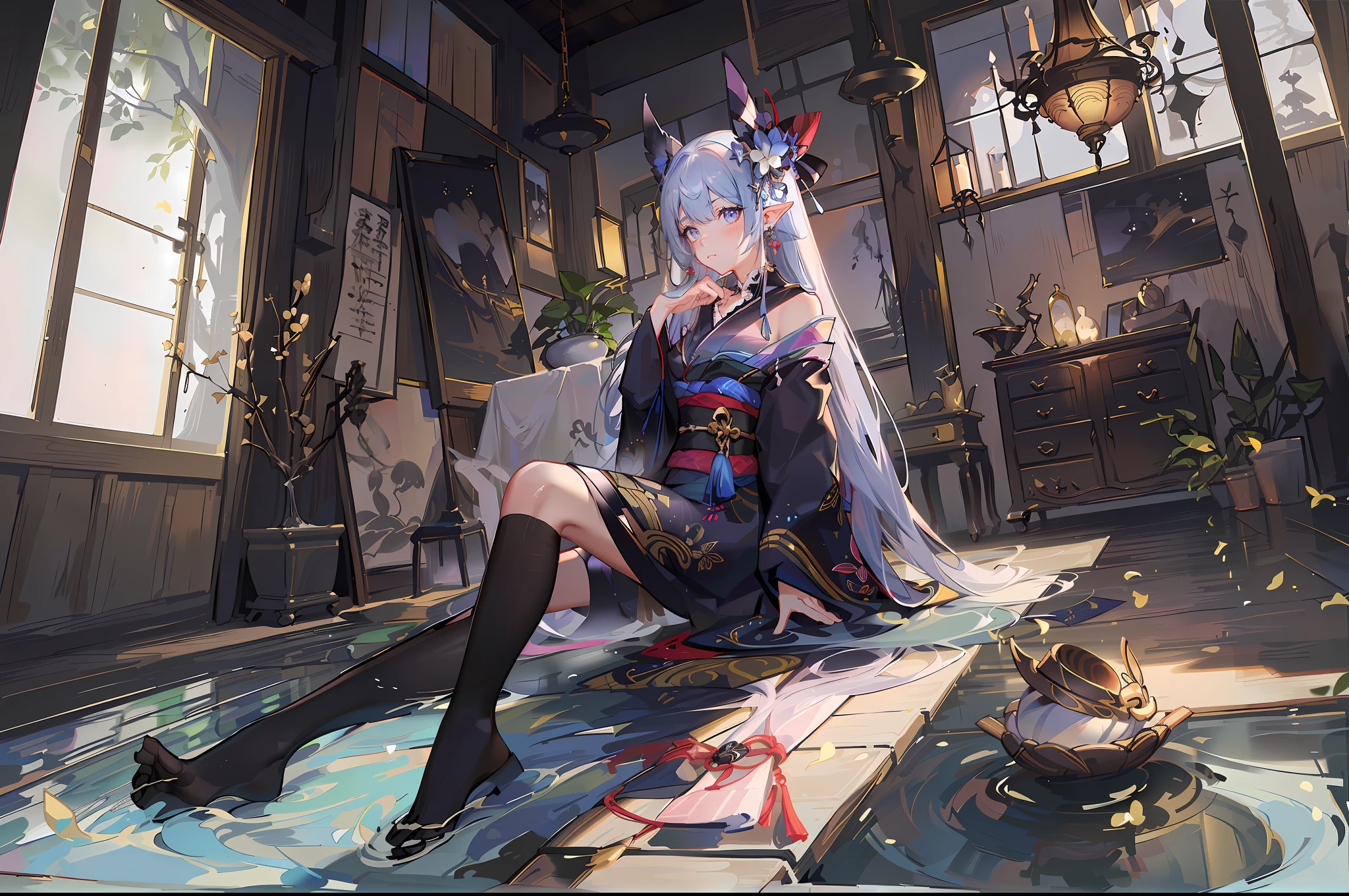 reflective light, Depth of field, Cinematic lighting, Best quality, 8K, ultra-wide-angle,Anatomically correct,((one-girl)Kneeling on a black wooden floor(Black reflective hardwood、Wooden floors、japanese interior,((Black long-sleeved kimono、komono、Kimono with vibrating sleeves)),long slim figure)。(The kimono has a gold pattern on it、The texture of silk、bound waist、Tsubaki pattern),ornate decoration)。Inside the castle tower,Octagonal paper chandeliers,Gorgeous interior、White wooden building,Gold ornaments,blurryforeground,The vista is blurred。((Reduced saturation,cold shades,Black and white tone,Dark black background、the night),There is a hierarchical background,Cold reflection,Contre-Jour,The edges of the object are blue and reflective,Fragmentation)。fully body photo,Striped hair, The hair hangs down on one side, (crossed bangs, cabelos preto e longos), x-shaped pupils,Red pupils, eyes reflection, Cyan gemstone earrings, parted lip, Thinking, Expressionless, Sad,Surprised,Pointy ears