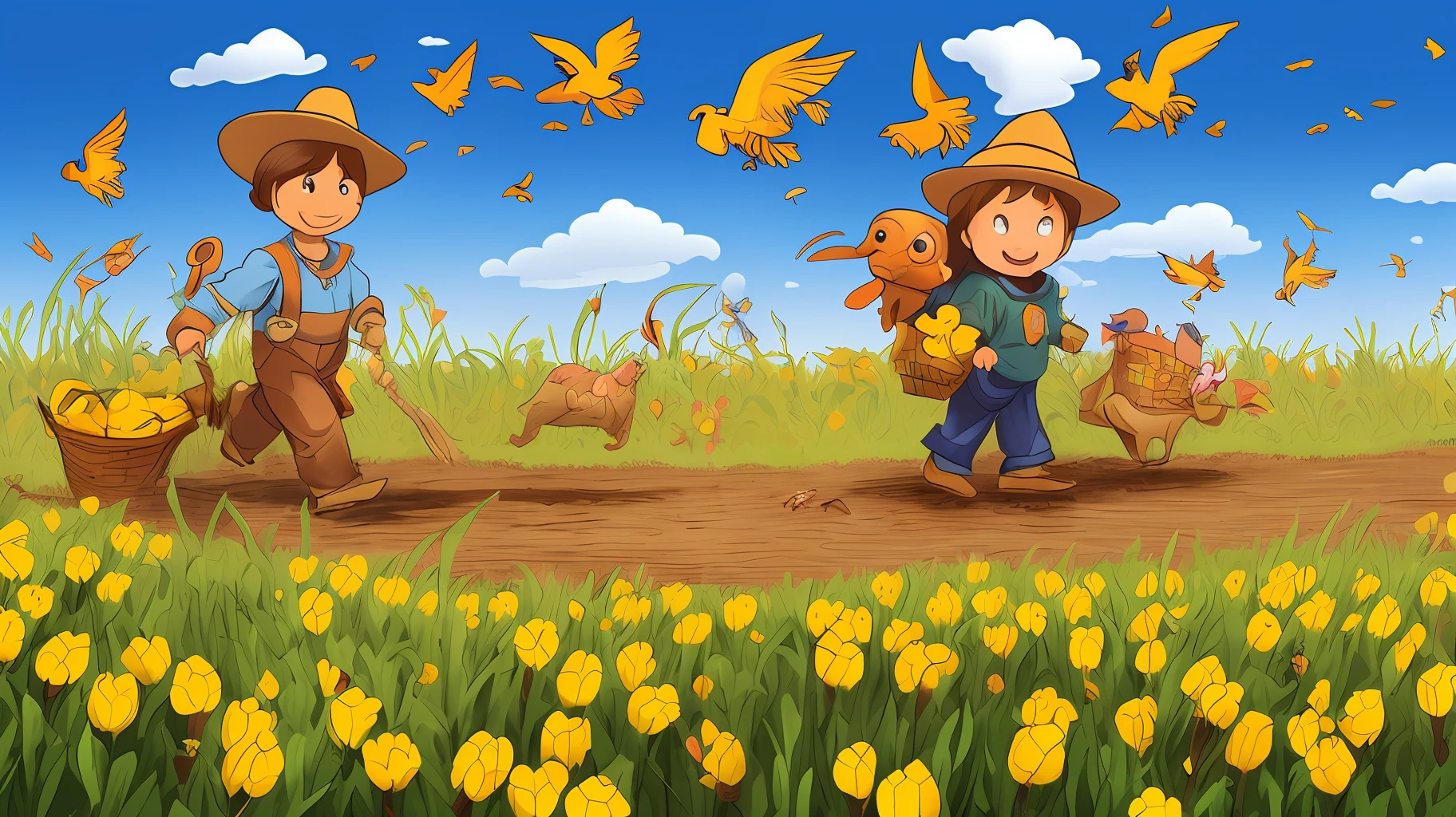 A cartoon scarecrow, walking and playing with colourful birds in a corn field. Magical, happy, funny. Very detailed. Children's book illustration. --auto