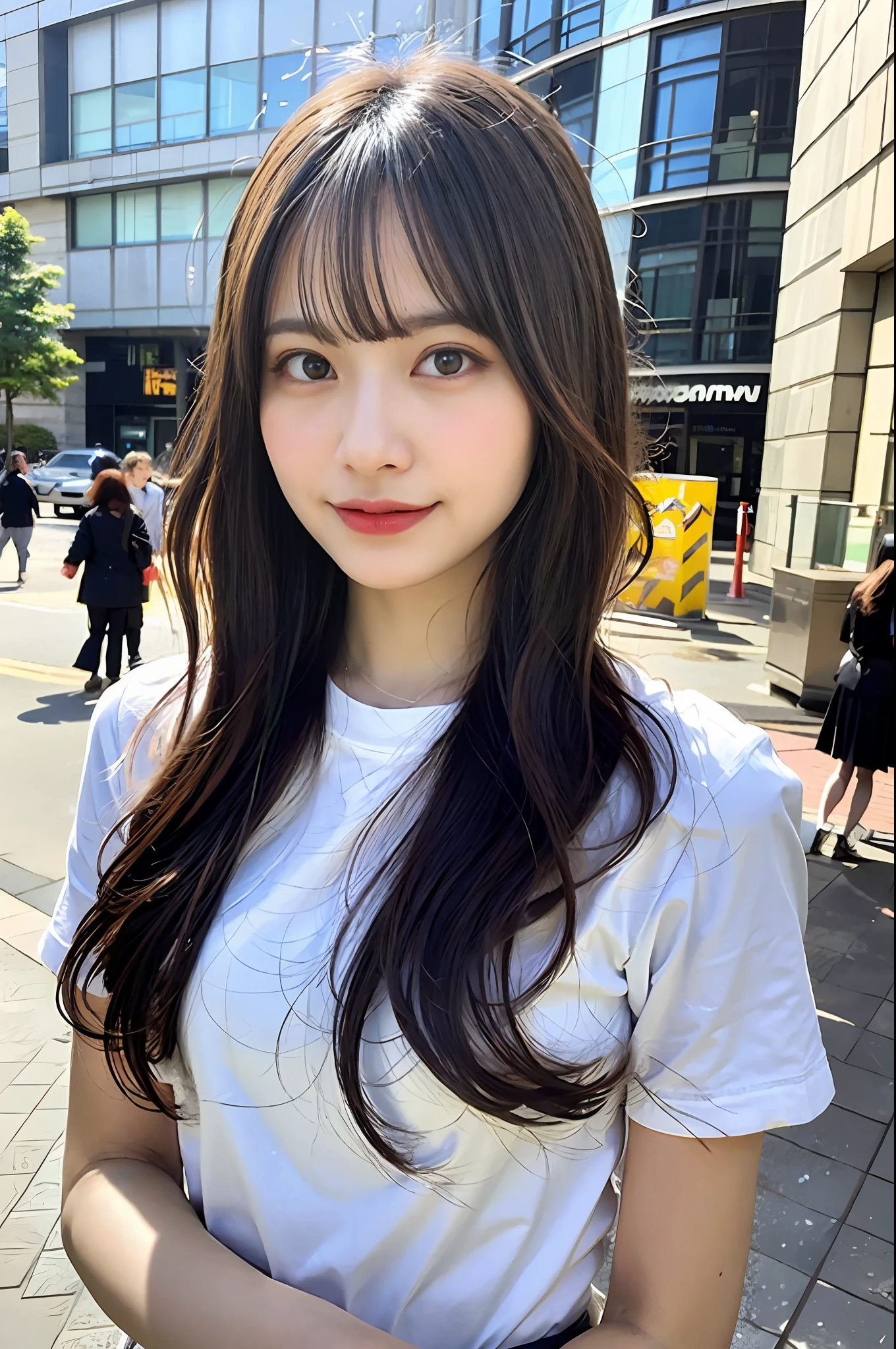 Ultra top quality, masterpiece, ultra high resolution, (photorealistic: 1.4), highly detailed CG Unity 8k wallpaper, detailed and complex, original, high resolution, raw photo, (perfect body shape), fine and complex, DSLR, soft lighting, high quality, film grain, depth of field, FUJIFILM XT3, 50mm lens, backlight, HDR, hyperreal, color grade, dynamic pose, portrait, Japan person, smile, lips, bangs, (crowded akihabara: 1.2), front view viewer, natural light, girl, 20 years old, full body, solo, student, high school, uniform, sailor color, bobby socks, pleated skirt, daytime, on the street, deep shadow, cute, beauty, discreet, cold light 12000K\\ street, store status, Akihabara, Shinjuku, Shibuya, Ikebukuro, detailed realistic, detail, skin texture, ultra detailed, realistic skin texture, (dramatic, award-winning photos, incredible masterpieces: 1.3)