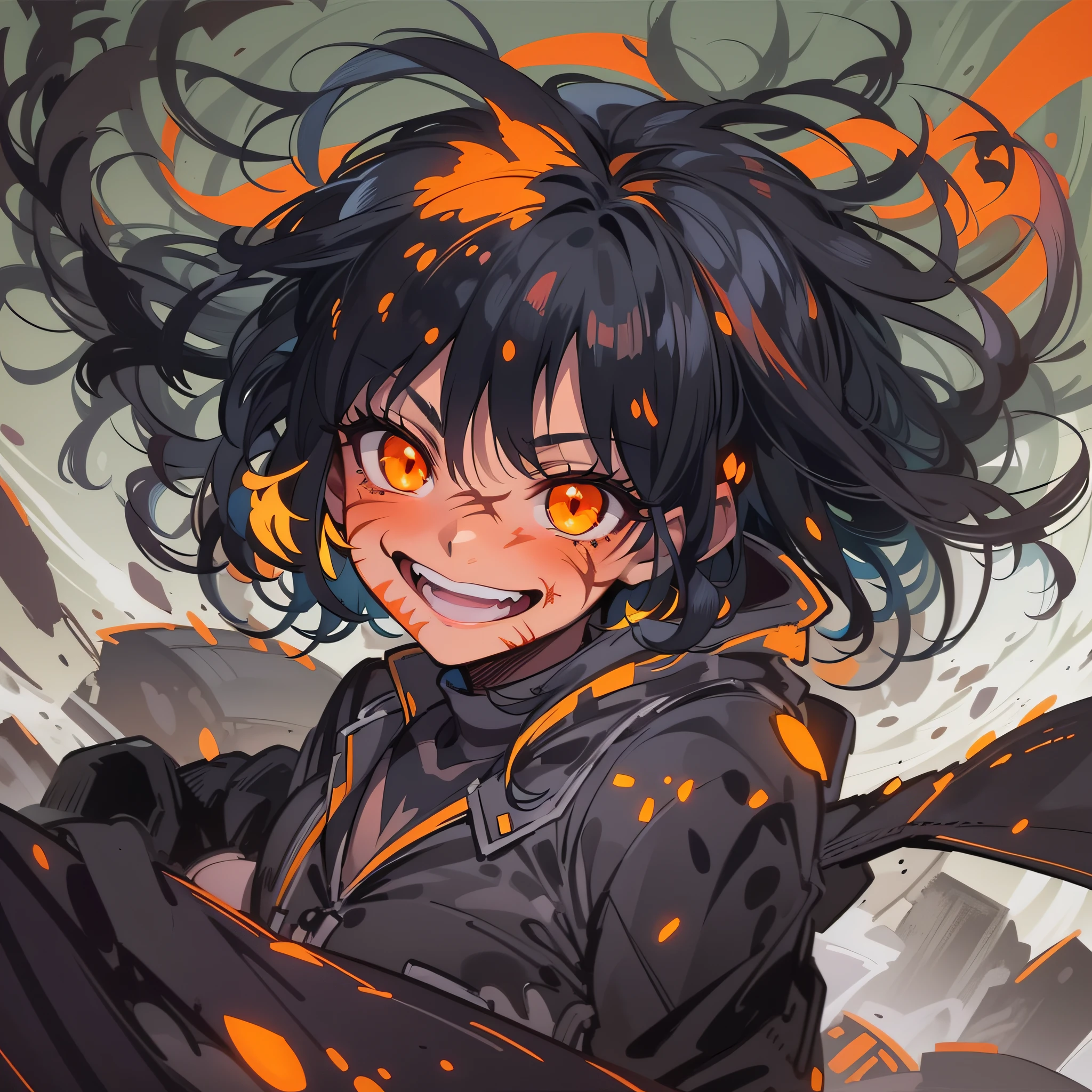 Best Quality, super detailed illustration, A girl, (Crazy orange eyes:1.2),(wide eyes:1.2), (short disheveled black hair:1.2),(crazy smile:1.2) ,(Scars:1.2), combat pose, the perfect body