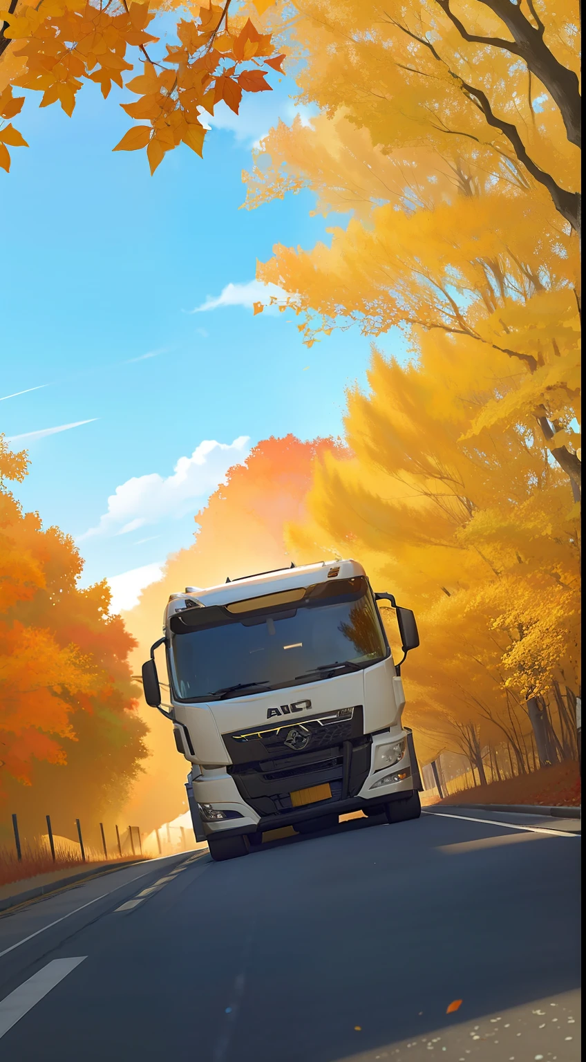 20mm focal length，Faraway view，A large truck drove on a straight road，There is a mapping of light and shadow on the road，A row of street trees，In the foreground there are red maple leaves falling，The feeling of an autumn breeze，There are no passers-by，A scene of blue sky and white clouds in the distance，sunlighting，dingdall effect