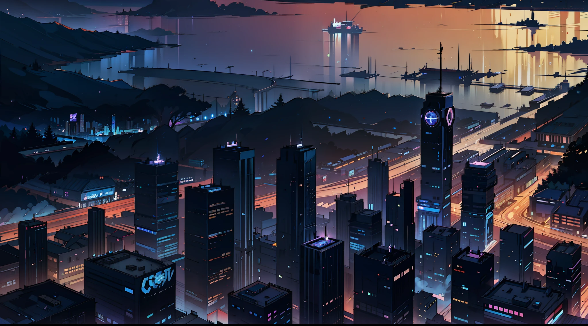 Neon lights,Background of the night,Blue-black,Night view of bustling city,(The background is City 1 at night.5)Anime style 4K,Anime rendering,style of anime。8K,(Cinematic lighting 1.5)