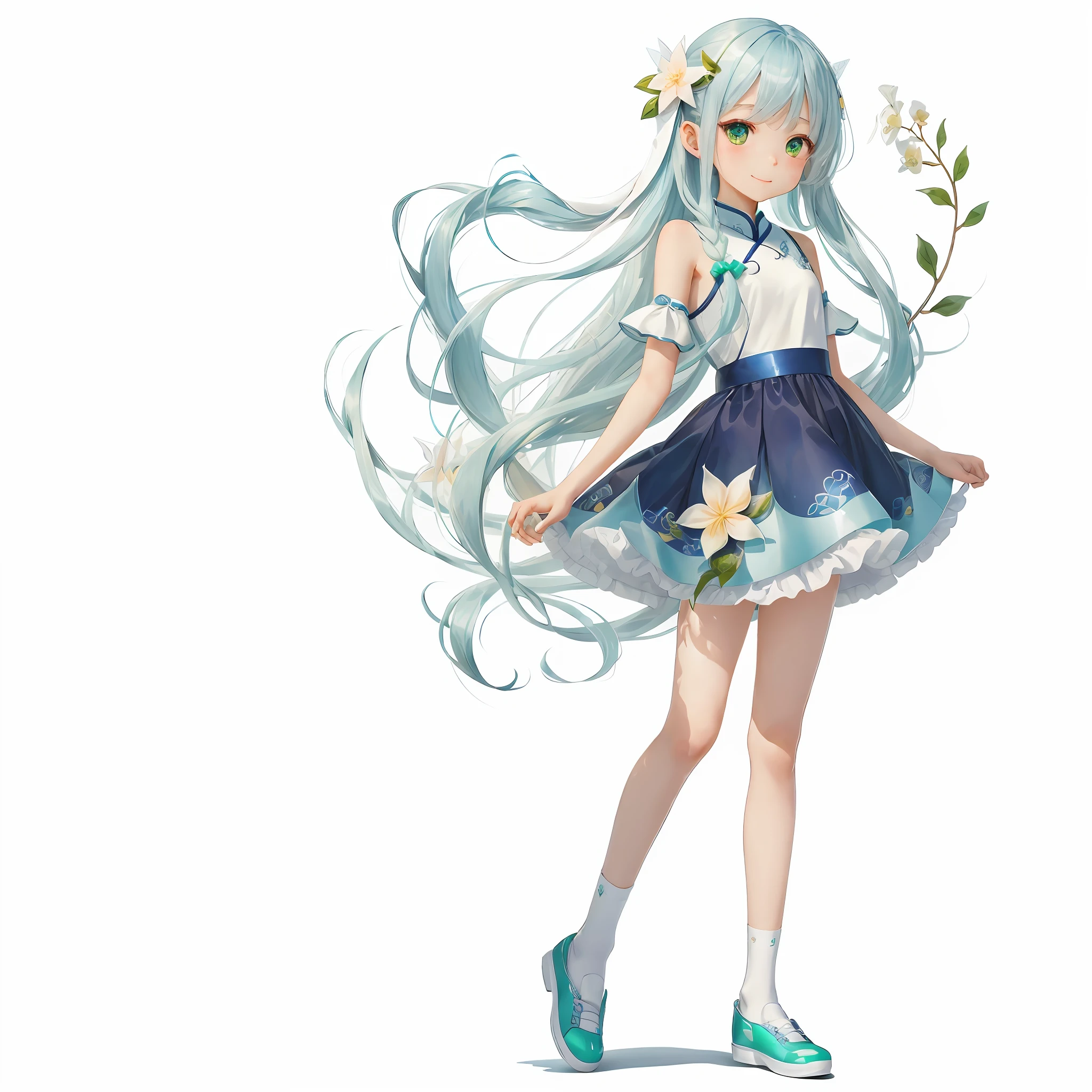 1080p，quadratic element，Kizi，Cute loli，16 yaers old，blue long hair，slanted bangs，Issuing，corsage，Head flower，ssmile，White and green cheongsam，Small white leather shoes，cropped shoulders，Brush your hair with your hands，long white socks，Beach rainbow，Full body like --auto