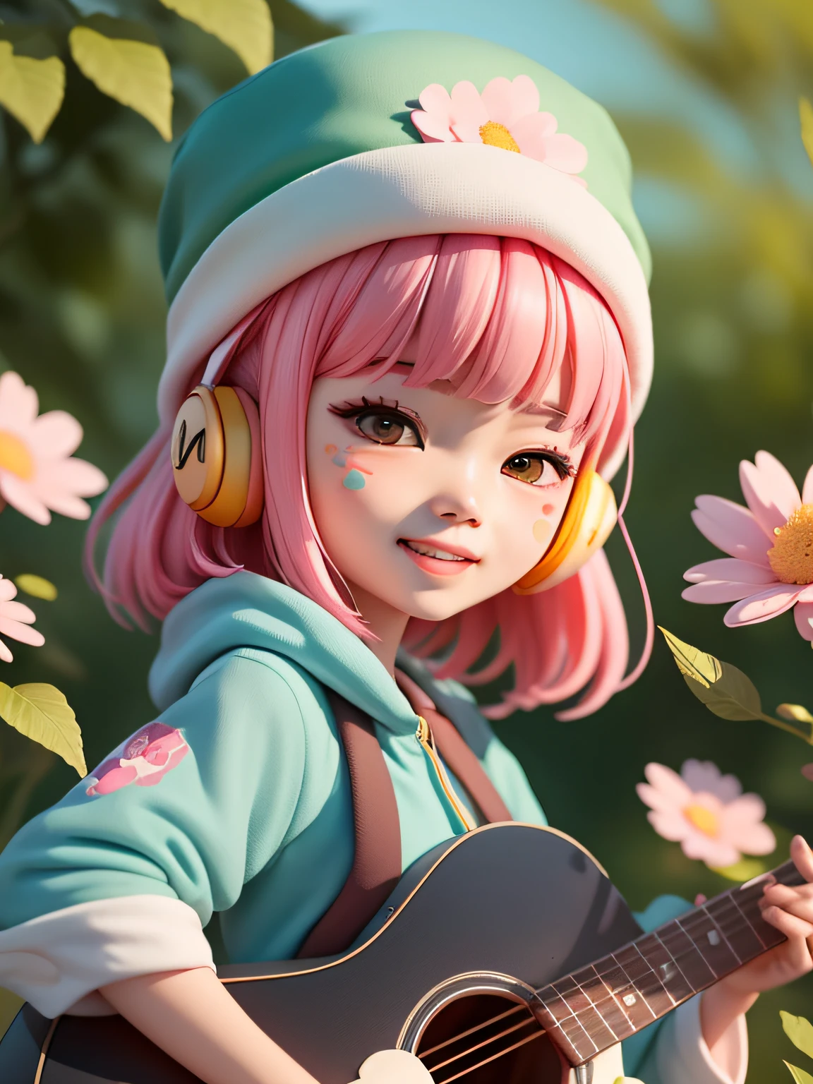 (Daisaku),(Need),(Super meticulous),(head portrait),1girl,adolable,ssmile,Open-mouthed,florals,exteriors,plays the guitar,Music,beret,Hold the guitar,Manteau,Blushlush,The tree,:3,The shirt,short detailed hair,SakuraNS,green headwear,Blurred,A pink-haired,Blush stickers,longer sleeves,Bangs in the middle,Earphone,brunette color hair,pinkflower,(beautiful detailed face),(美丽细致的眼睛),