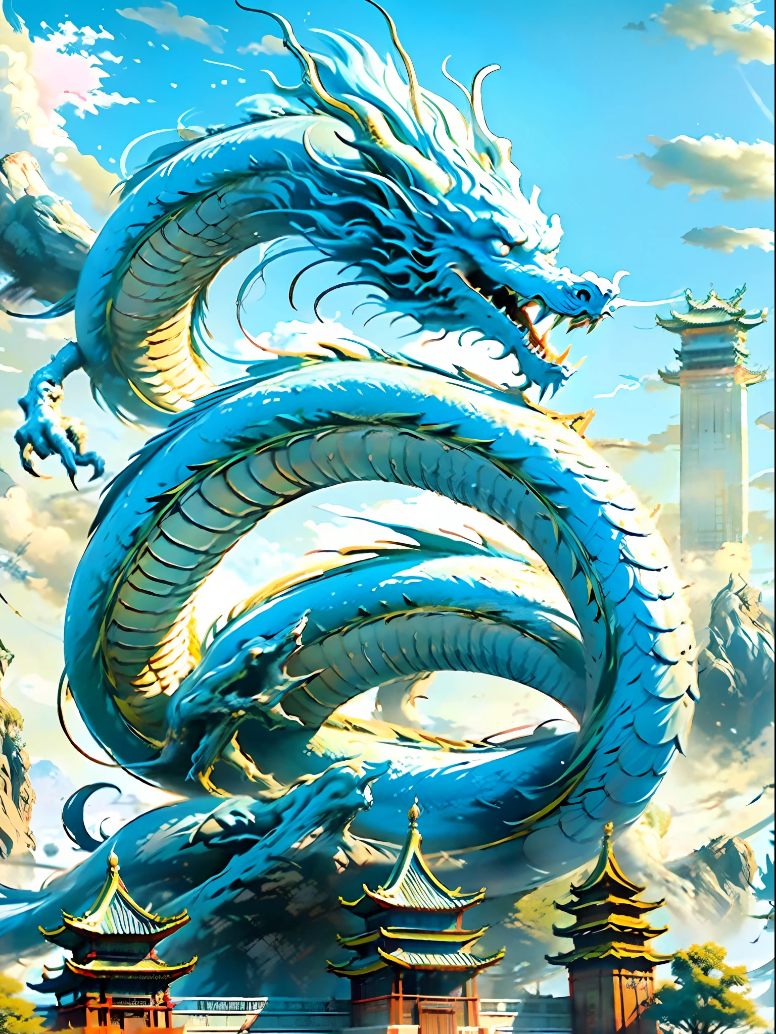 Best quality,masterpiece,ultra high res,nu no humans, (long:1.2),eastern dragon, east asian architecture, sky, architecture, outdoors, cloud, day, mountain, open mouth, blue sky, teeth, scales, sharp teeth, horns, glowing, fangs, tree, glowing eyes, pagoda, scenery