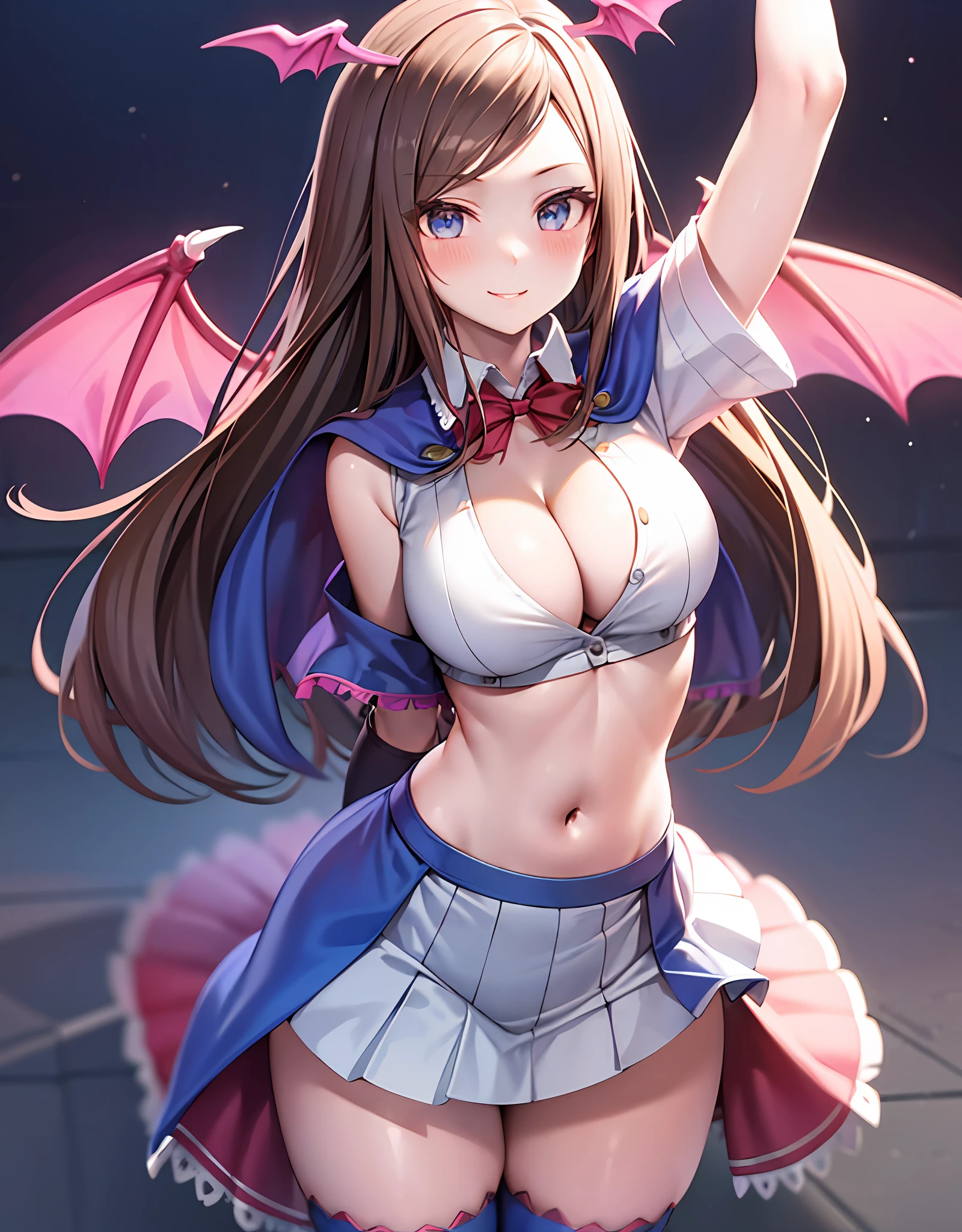 1 girl wearing black shirt, cleavage, midriff, short pink skirt, pink thighhighs,pink arm sleeves,night, ((solo)), medium hair, standing, Blushing, succubus, succubus wings and tail), cleavage, midriff, large breasts, smile, looking at viewer, abyss, panties, holding whip, blue eyes, brown hair,(red lips:0.6), sexy pose,skin tight