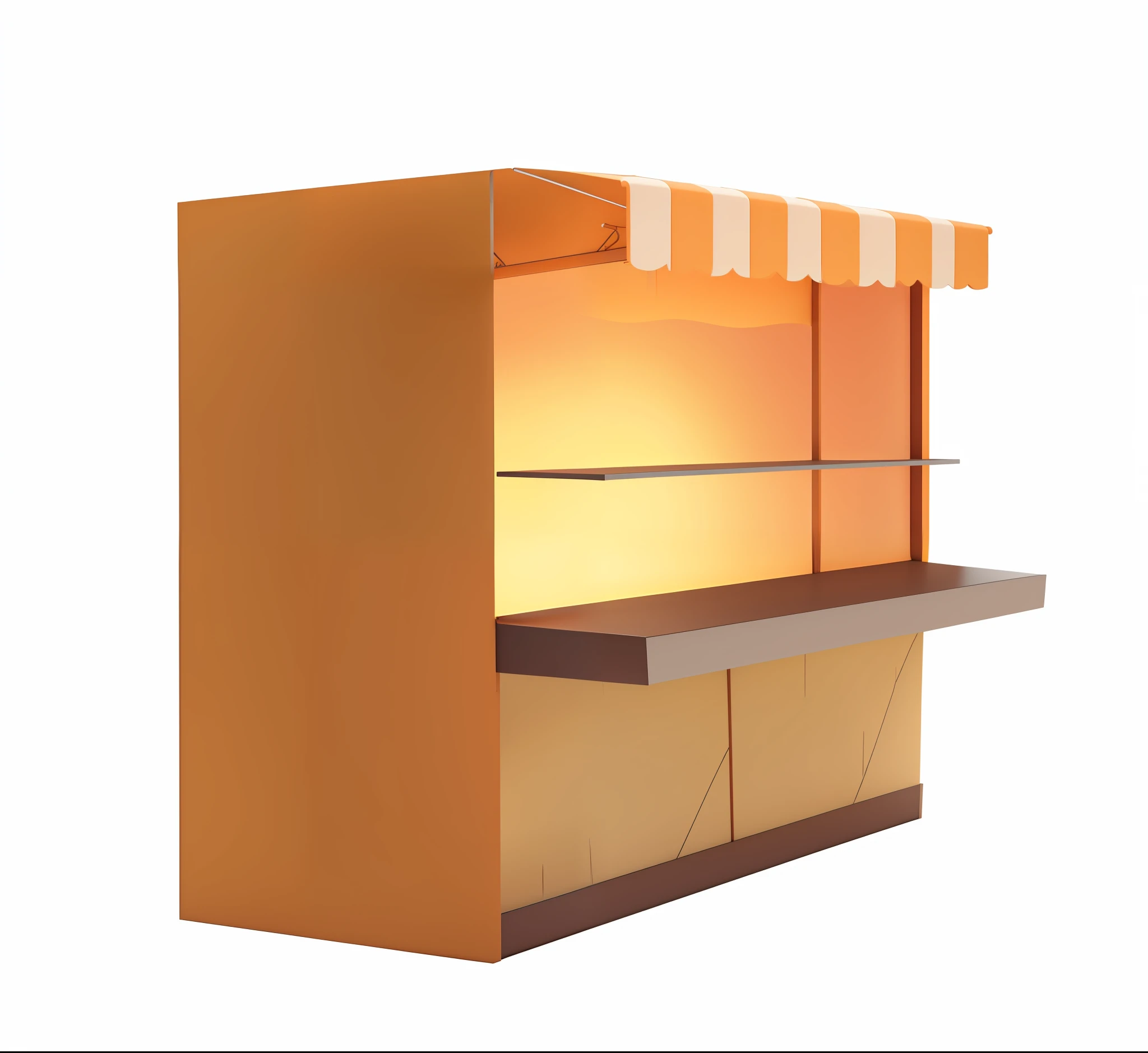 C4D,3D,solid,A third of the side,Cartoony,Cartoon illustration of wooden bracket with orange and yellow awning, food stall, market stall,Merchant booths, Food stalls, Stand, Simple cartoon style, MarketaB, marketplace, red and brown color scheme, Simple illustration