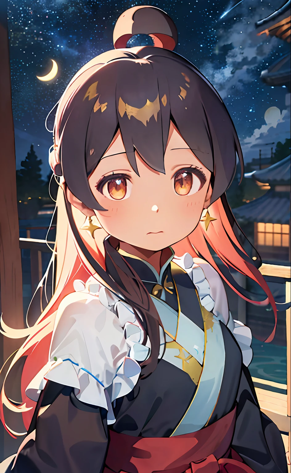 Floating hair，Delicate and agile eyes，Starry pupils，Intricate damask hanfu，Gorgeous accessories，Wearing pearl earrings，fov，F1.8，tmasterpiece，Complexscenes，Petals flying，Frontal portrait shot，Chang'e，Oyama Makoto，Black yukata