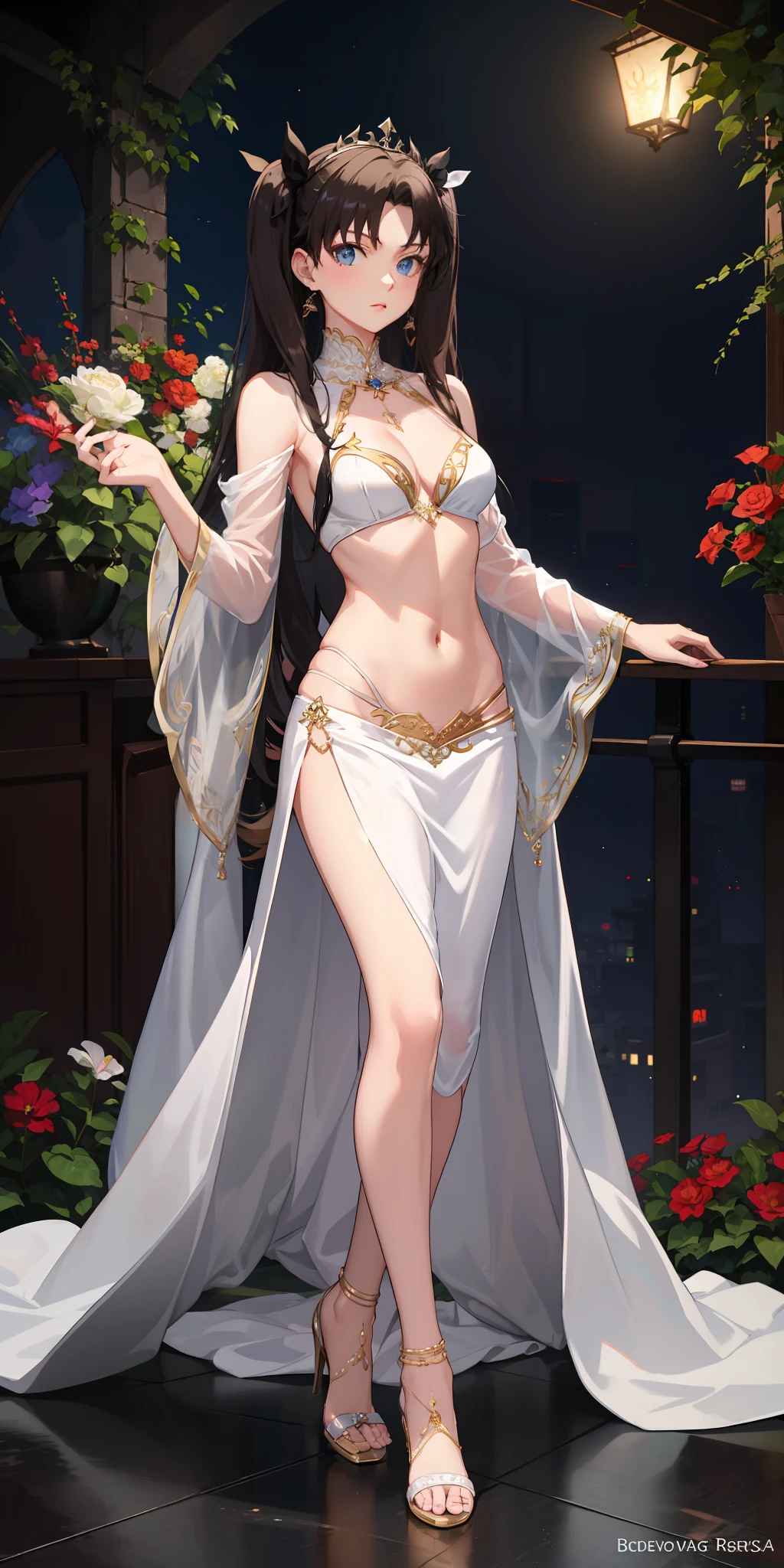 long hair, black hair, medium breast, slim legs, nervous, white gown, cleavage, arabian belly dancer , skirt, rin tohsaka, twin tail, navel, garden, night, blue eyes, tiara