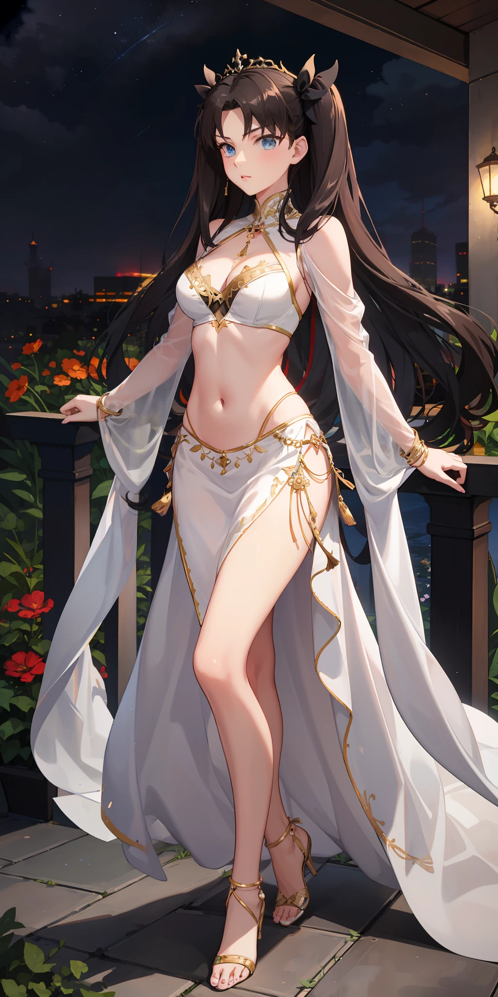 long hair, black hair, medium breast, slim legs, nervous, white gown, cleavage, arabian belly dancer , skirt, rin tohsaka, twin tail, navel, garden, night, blue eyes, tiara