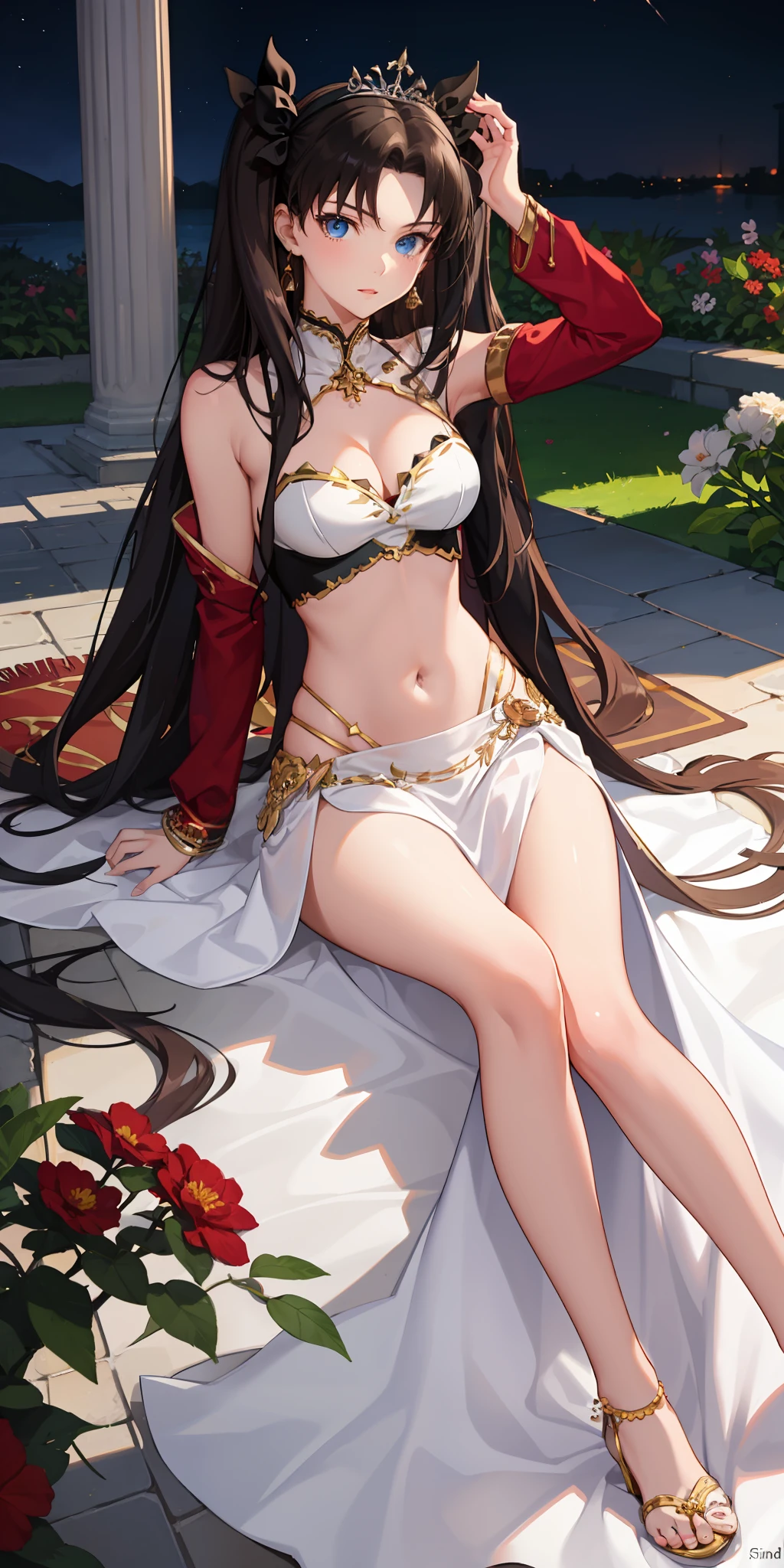 long hair, black hair, medium breast, slim legs, nervous, white gown, cleavage, arabian belly dancer , skirt, rin tohsaka, twin tail, navel, garden, night, blue eyes, tiara, laying down