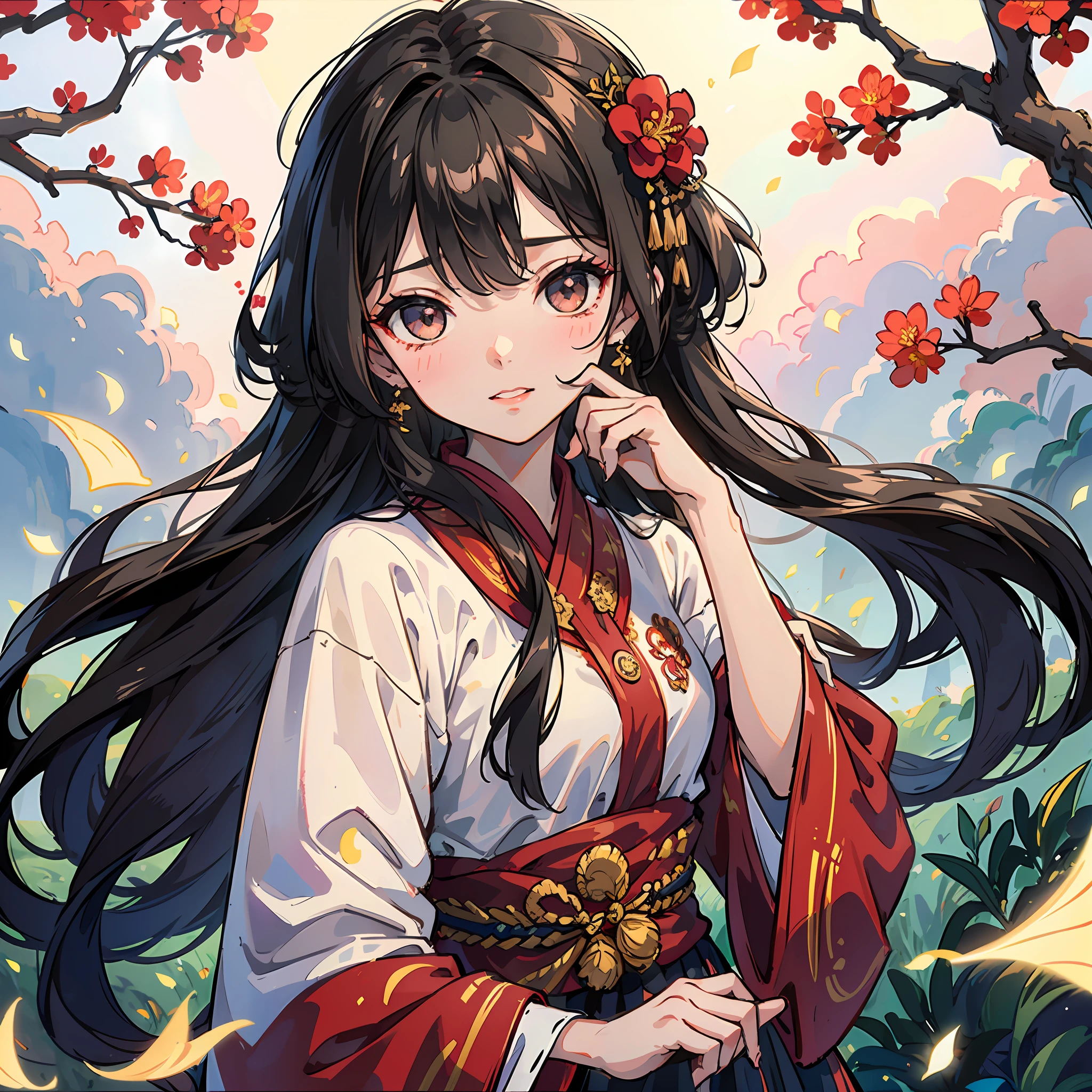 Tzuyu, 1girll, Solo, Black hair, Black eyes, Blush, [Straight hair|Wavy hair], (Messy hair, Fluffy hair, Long hair:1.1), scenery, Atmospheric lighting, Light rays, Bokeh, Depth of field, Sparkle, Red lips, child, Hanfu, branch, flower, jewelry, New Moon, Light smile, Wide sleeves, Glowing (8K, Best quality, Masterpiece:1.0),(Best quality:1.0), (超高分辨率:1.0) --auto