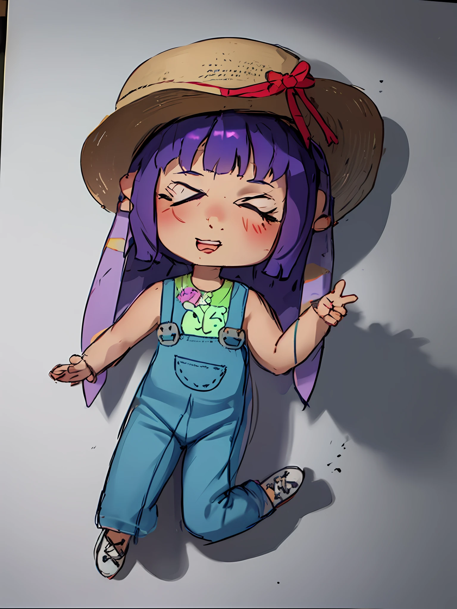 超高分辨率, best qualtiy, photore, 8K, (realisticlying: 1.2), cinmatic lighting,Draw a girl in overalls with a hat and knife, small curvaceous loli, chibi girl, Purple colored hair,Pink pants,no shade, Abigail from Stardew Valley, small loli girl, an anime drawing, Marin Kitagawa fanart, zumidraws, Anime moe art style, Shading!!!, anime chibi, anime sketch, old sketch, wearing a straw hat and overalls