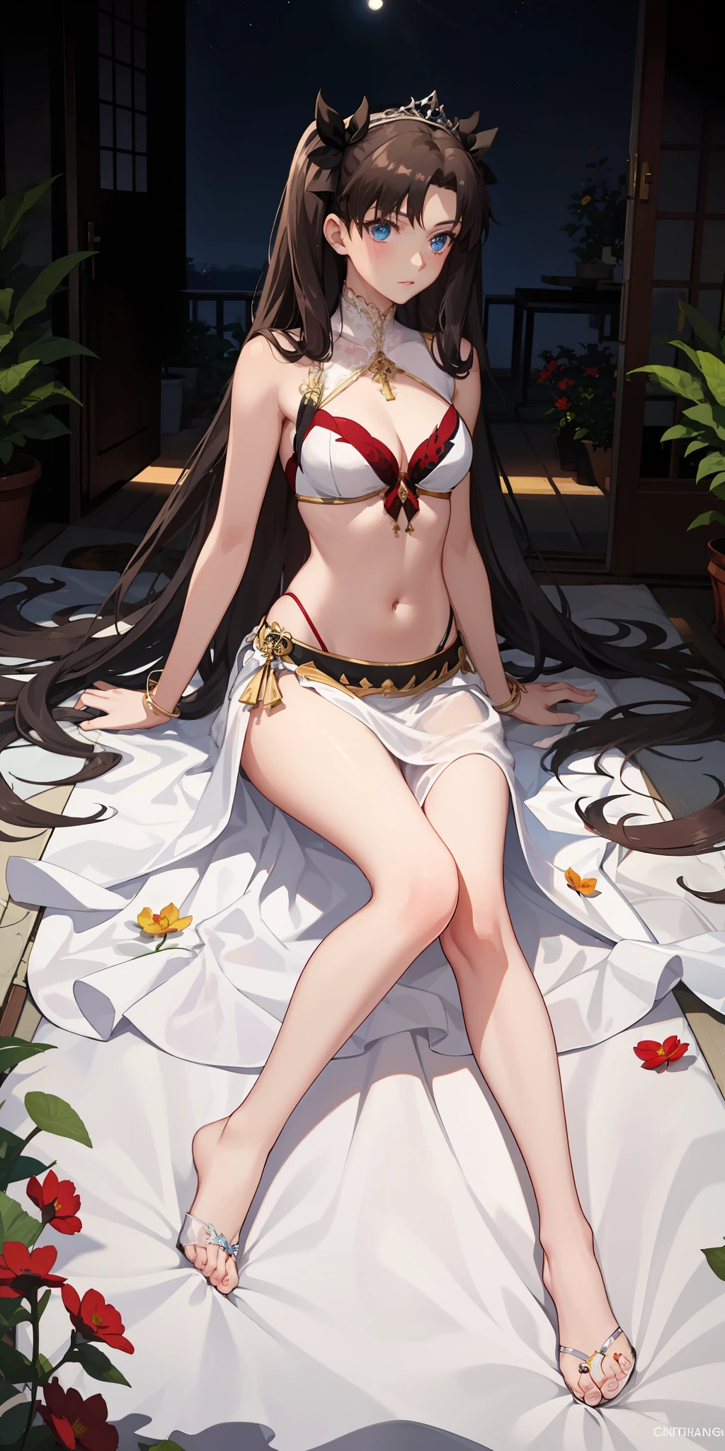 long hair, black hair, medium breast, slim legs, nervous, white gown, cleavage, arabian belly dancer , skirt, rin tohsaka, twin tail, navel, garden, night, blue eyes, tiara, laying down